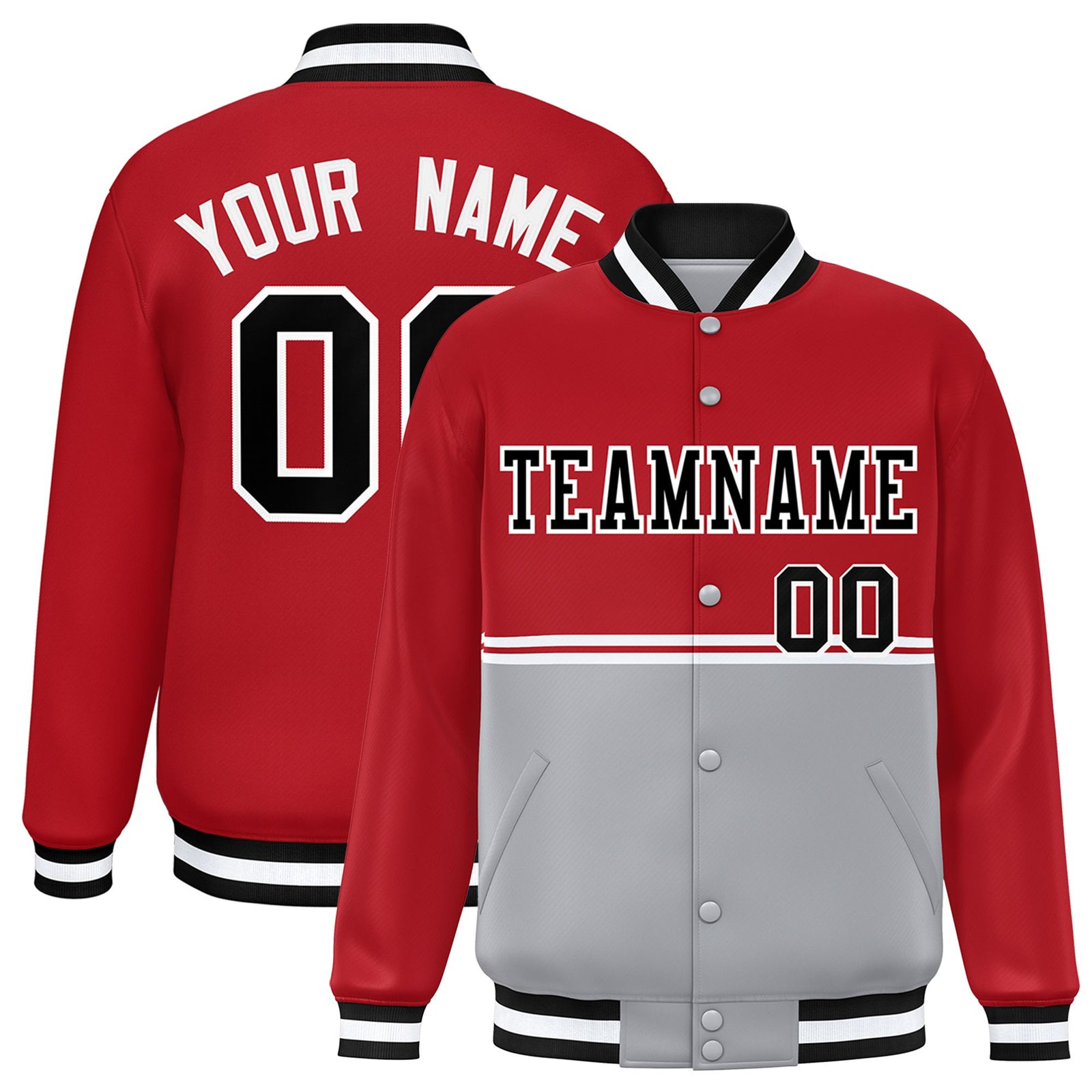 Custom Red-Gray-Red Varsity Full-Snap Letterman Color-Matching Split Fashion Jacket