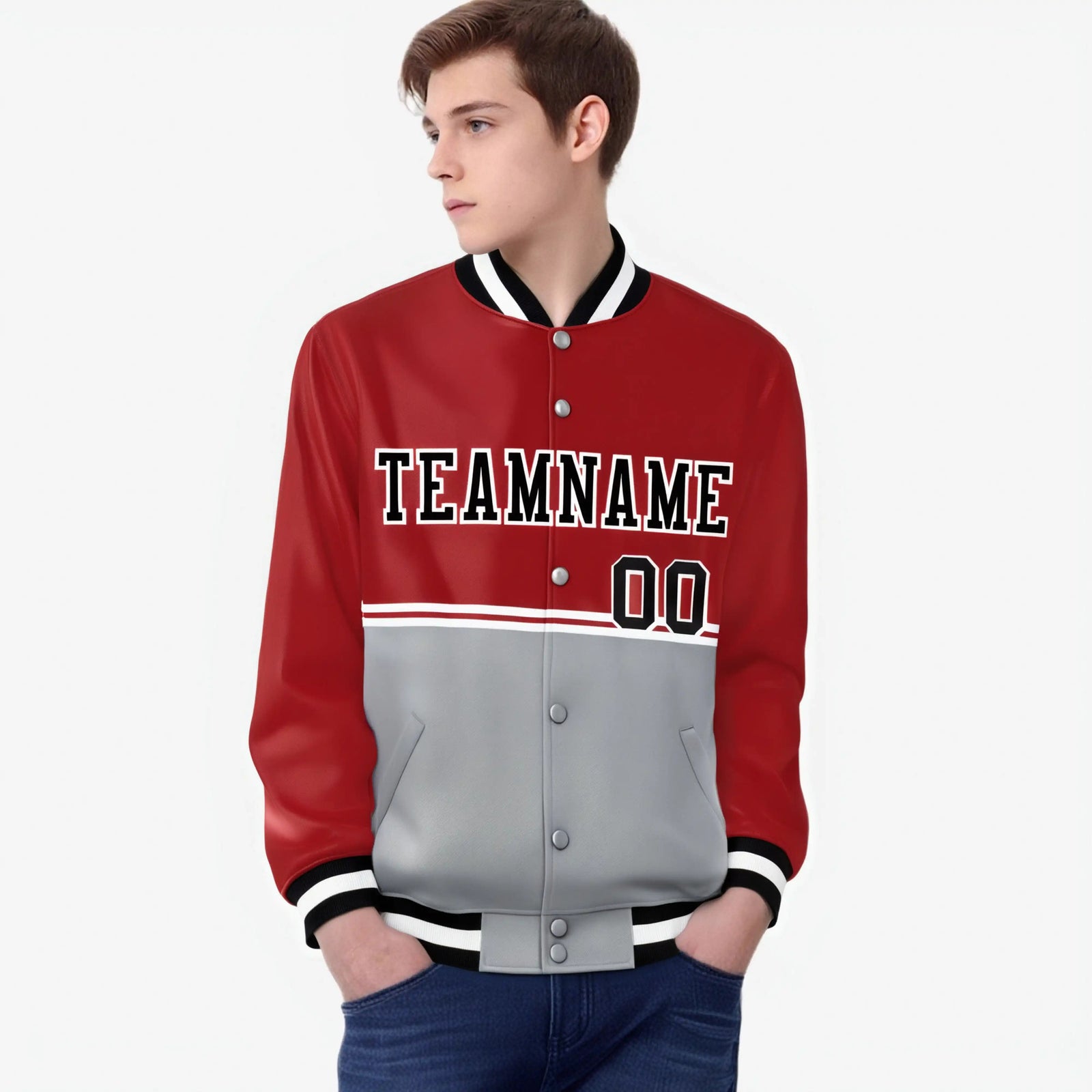 Custom Red-Gray-Red Varsity Full-Snap Letterman Color-Matching Split Fashion Jacket