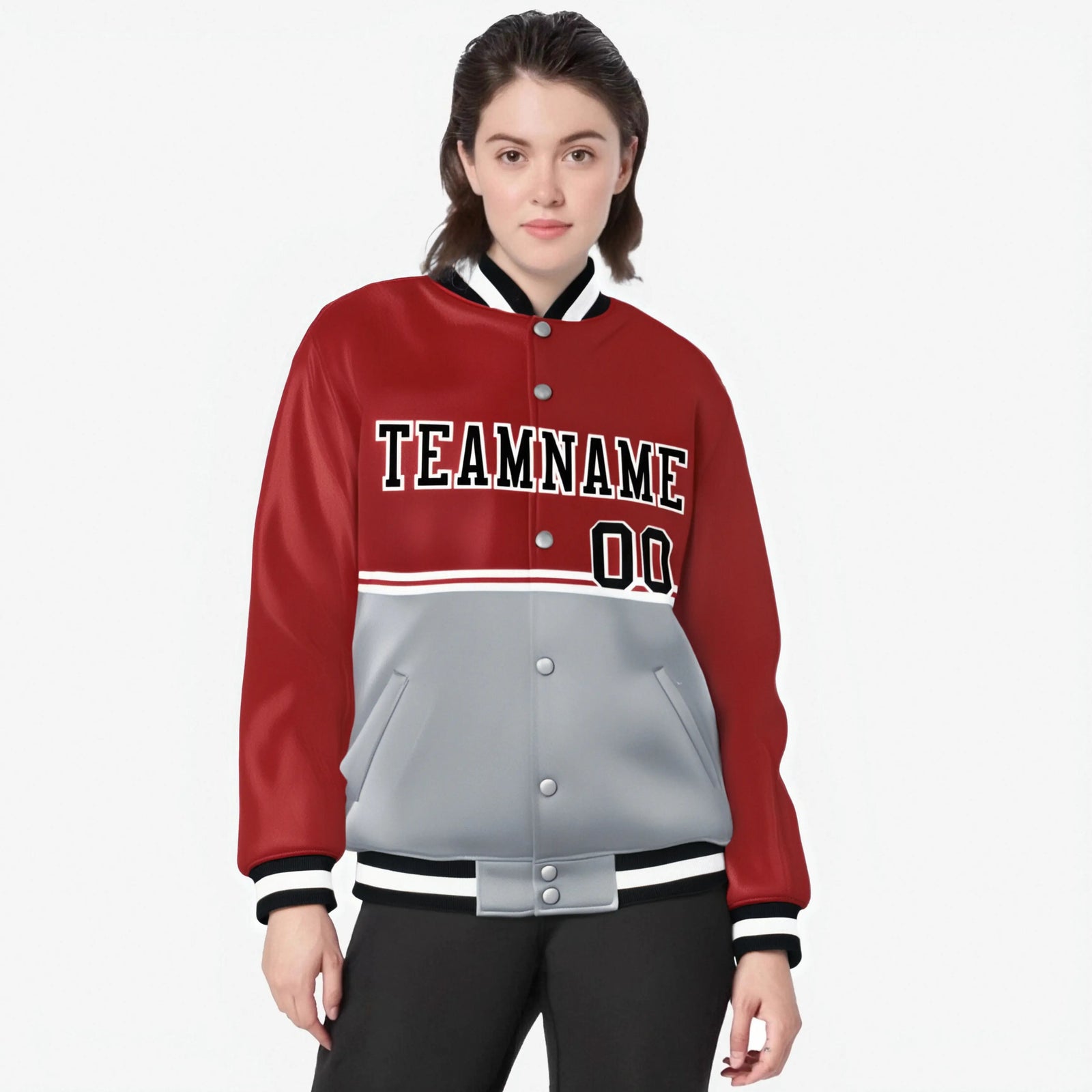 Custom Red-Gray-Red Varsity Full-Snap Letterman Color-Matching Split Fashion Jacket