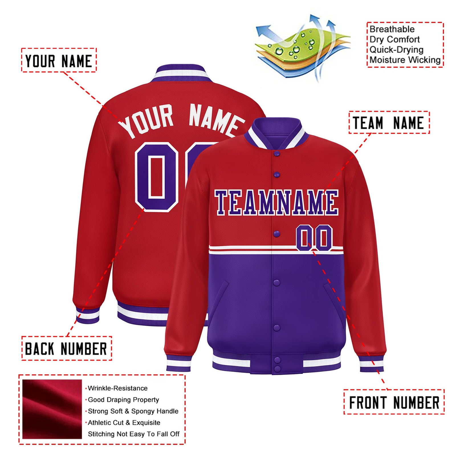 Custom Red-Purple-Red Varsity Full-Snap Letterman Color-Matching Split Fashion Jacket