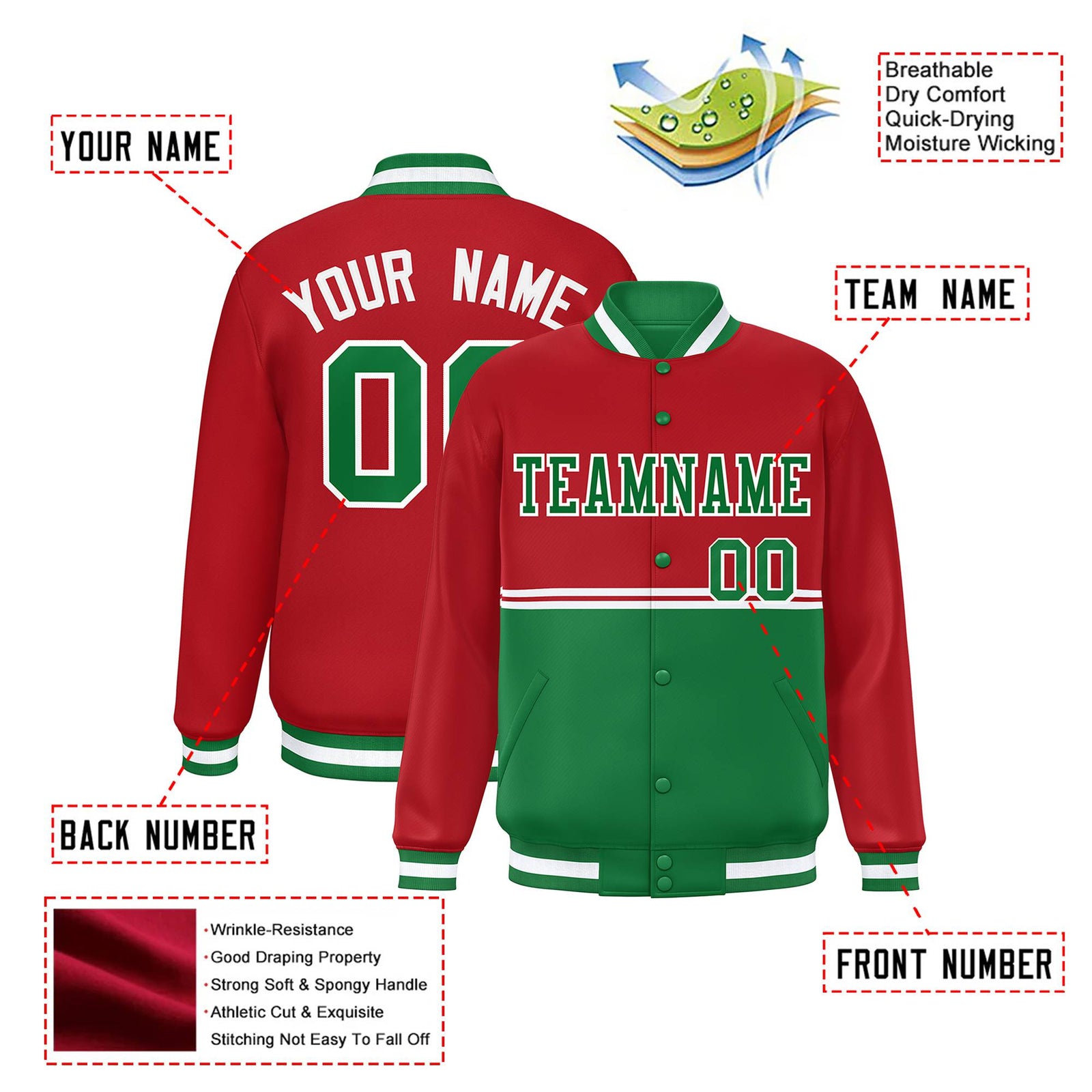 Custom Red-Kelly Green-Red Varsity Full-Snap Letterman Color-Matching Split Fashion Jacket
