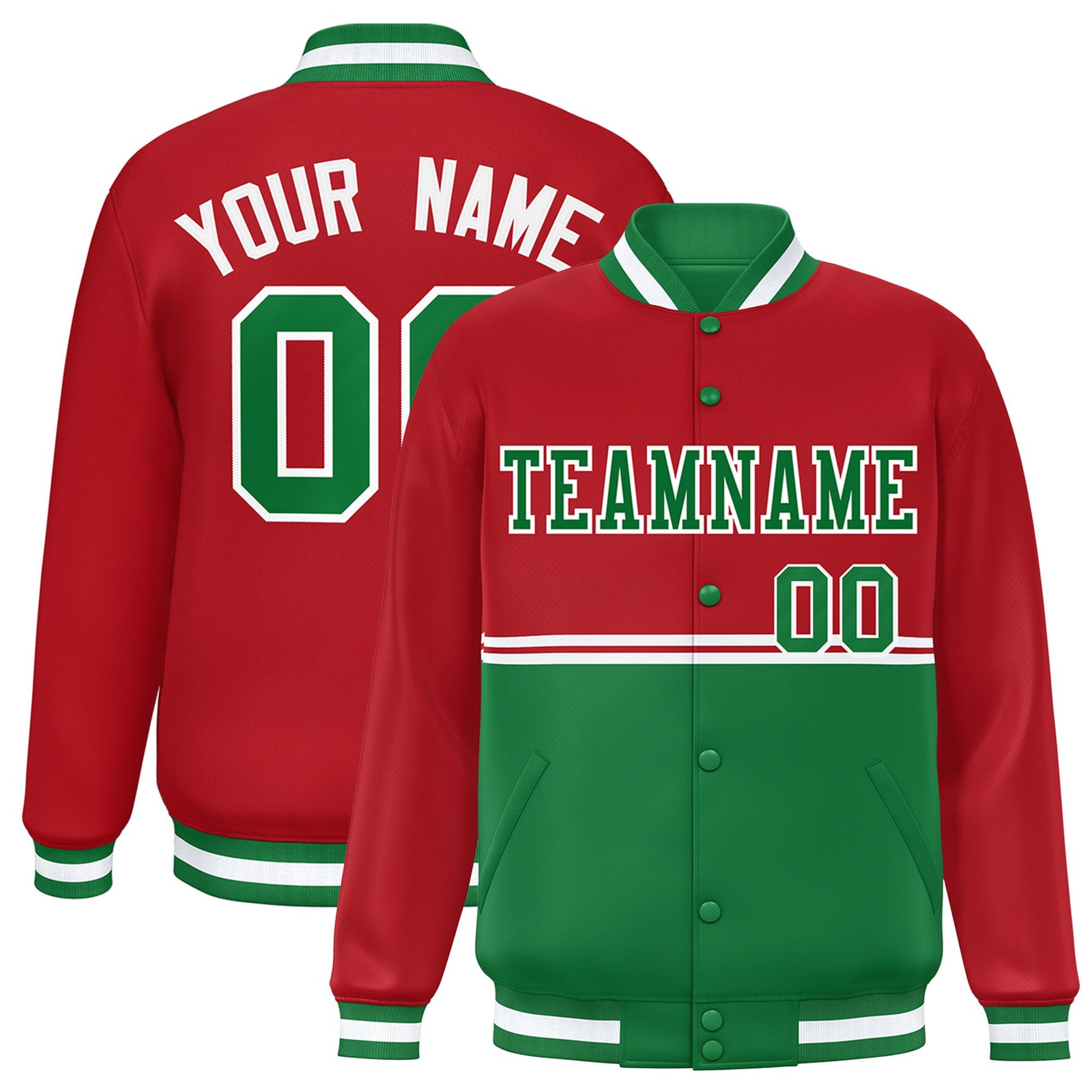 Custom Red-Kelly Green-Red Varsity Full-Snap Letterman Color-Matching Split Fashion Jacket
