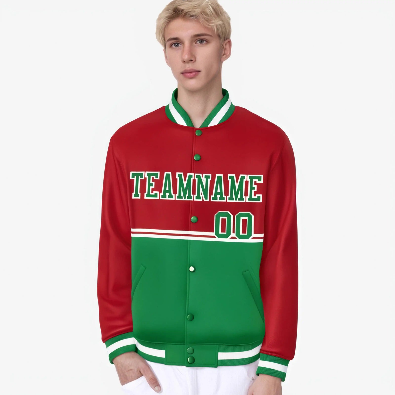 Custom Red-Kelly Green-Red Varsity Full-Snap Letterman Color-Matching Split Fashion Jacket