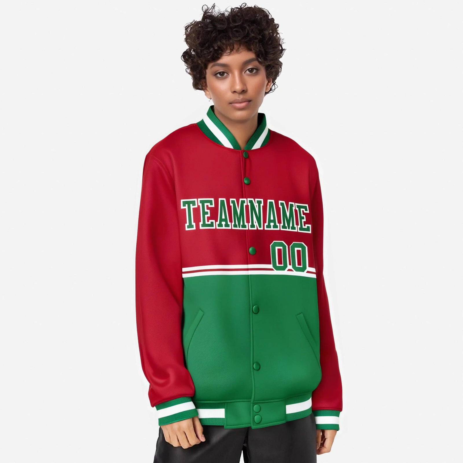 Custom Red-Kelly Green-Red Varsity Full-Snap Letterman Color-Matching Split Fashion Jacket