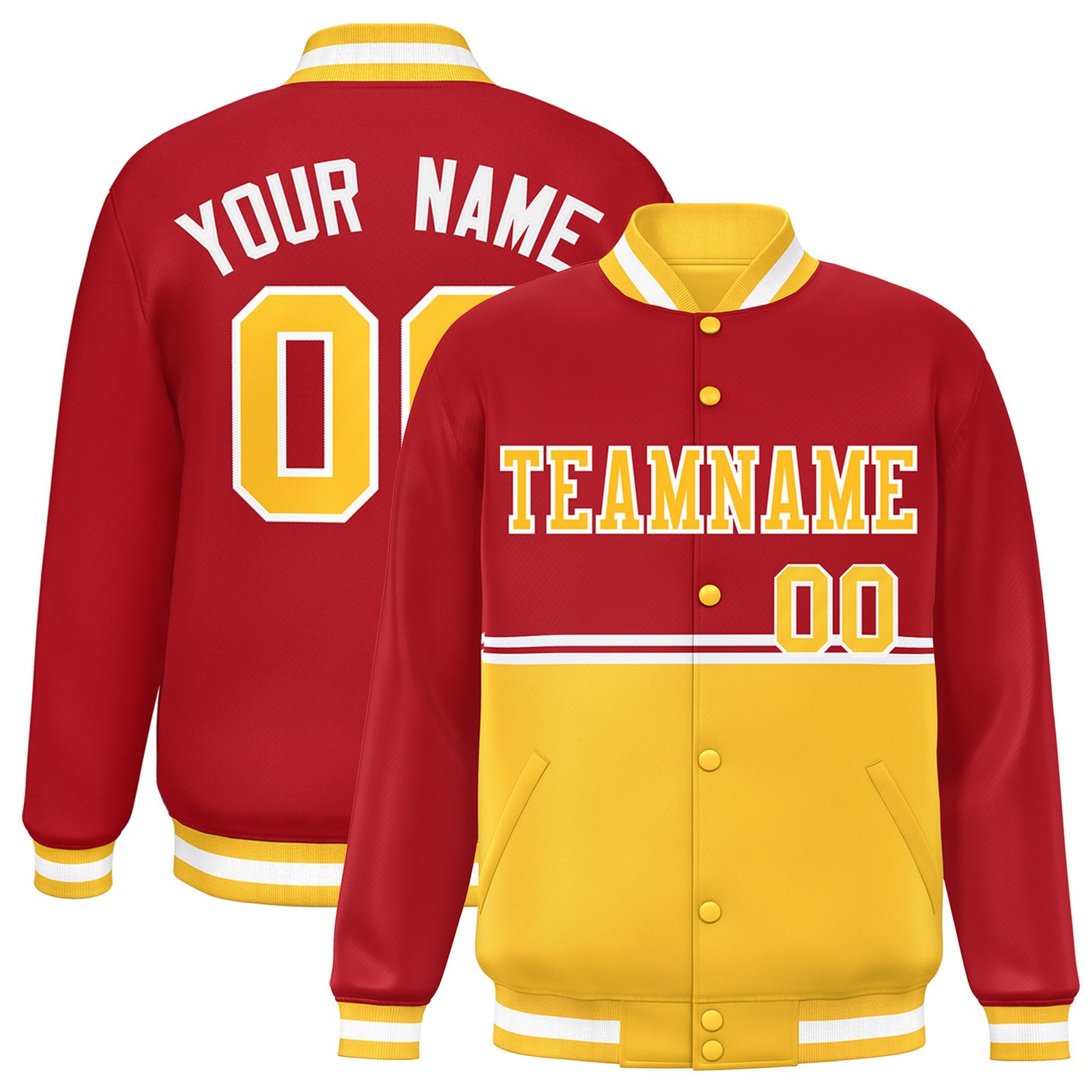 Custom Red-Gold-Red Varsity Full-Snap Letterman Color-Matching Split Fashion Jacket