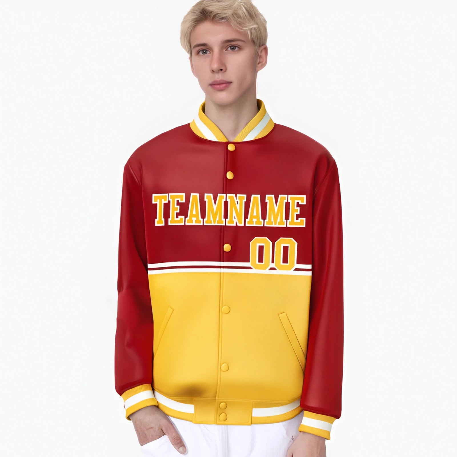 Custom Red-Gold-Red Varsity Full-Snap Letterman Color-Matching Split Fashion Jacket