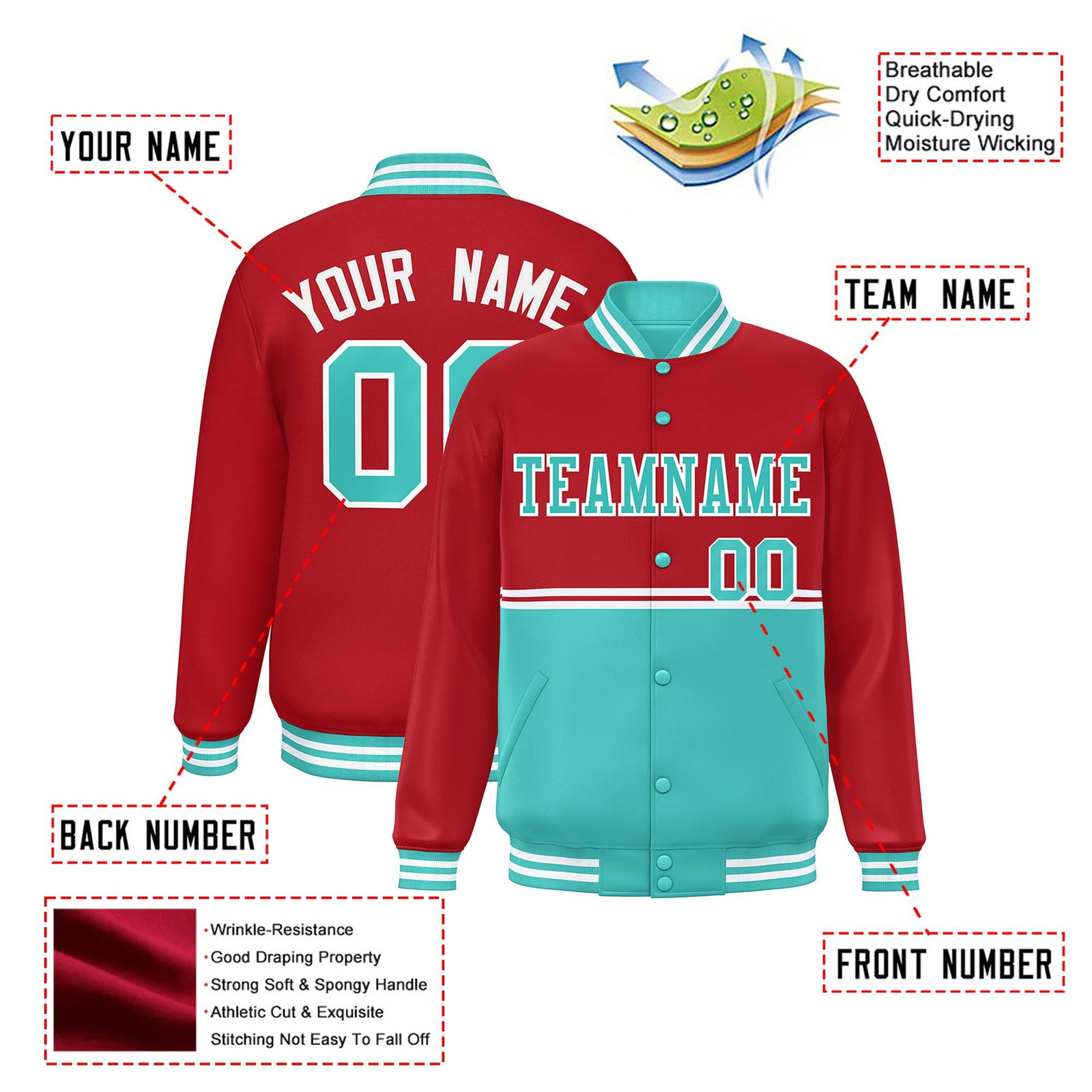 Custom Red-Aqua-Red Varsity Full-Snap Letterman Color-Matching Split Fashion Jacket