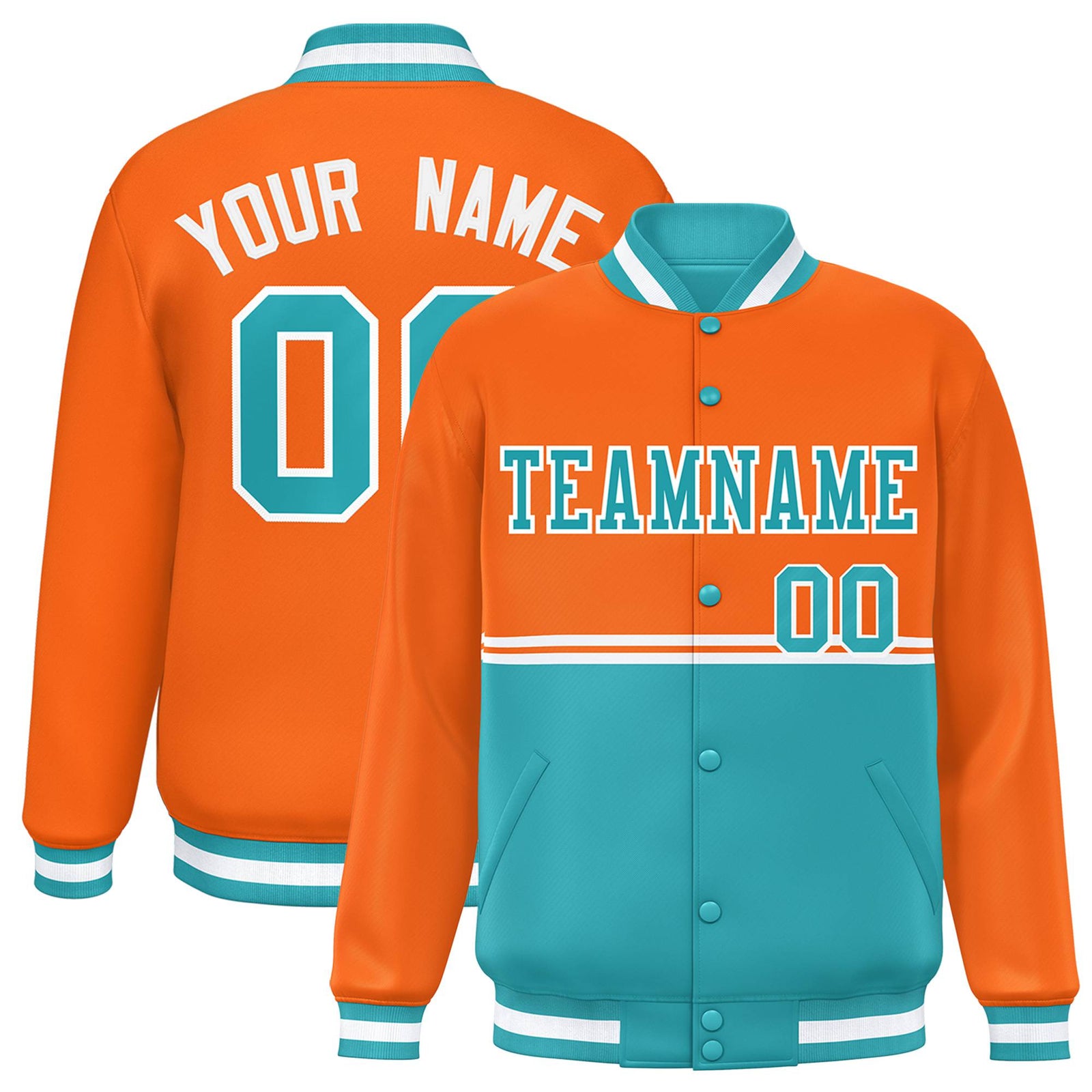 Custom Orange-Aqua-Orange Varsity Full-Snap Letterman Color-Matching Split Fashion Jacket