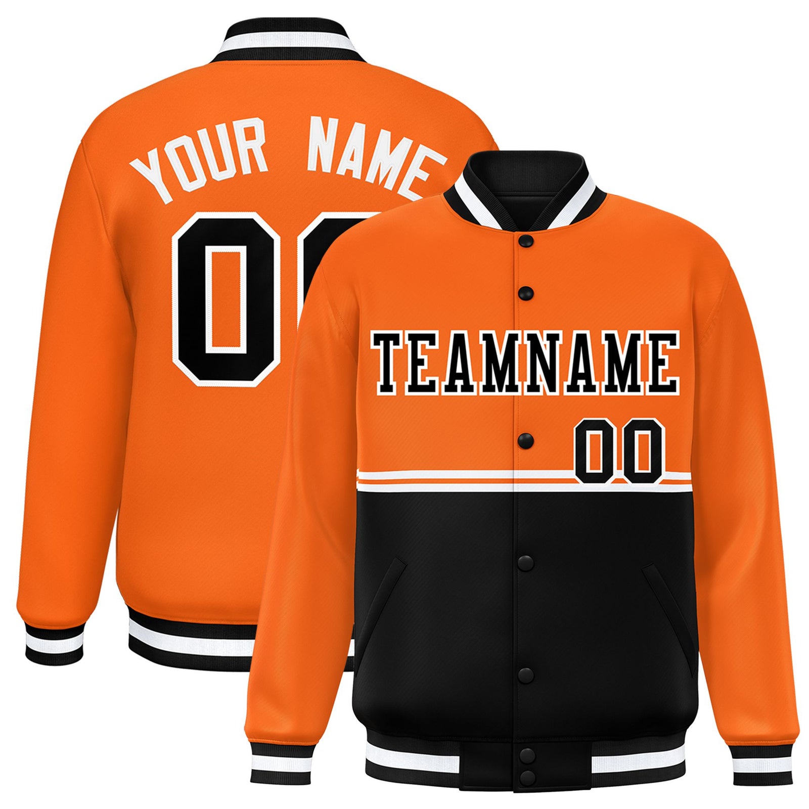 Custom Orange-Black-Orange Varsity Full-Snap Letterman Color-Matching Split Fashion Jacket