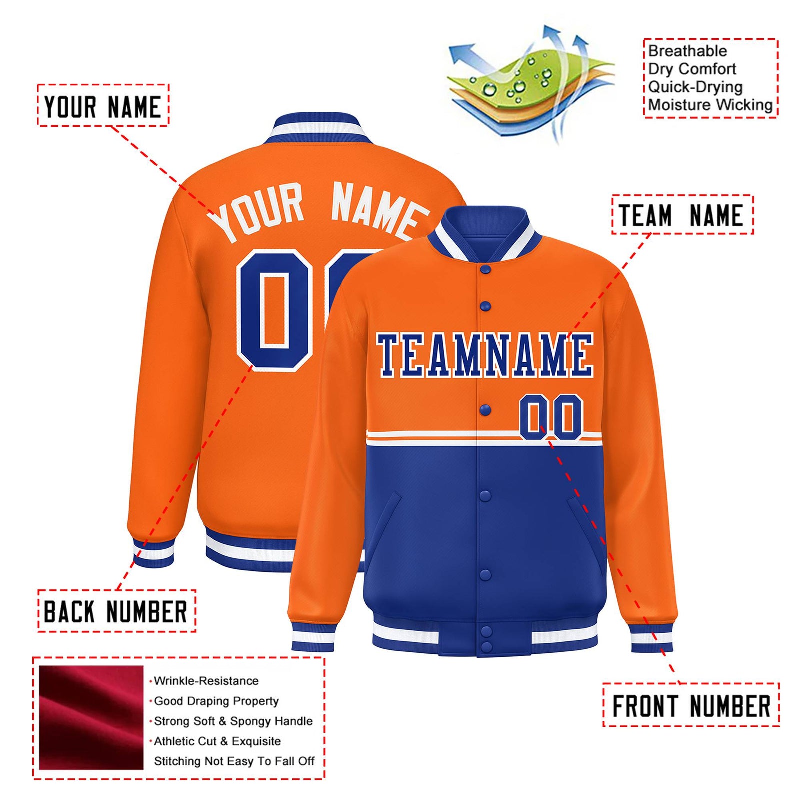 Custom Orange-Royal Blue-Orange Varsity Full-Snap Letterman Color-Matching Split Fashion Jacket