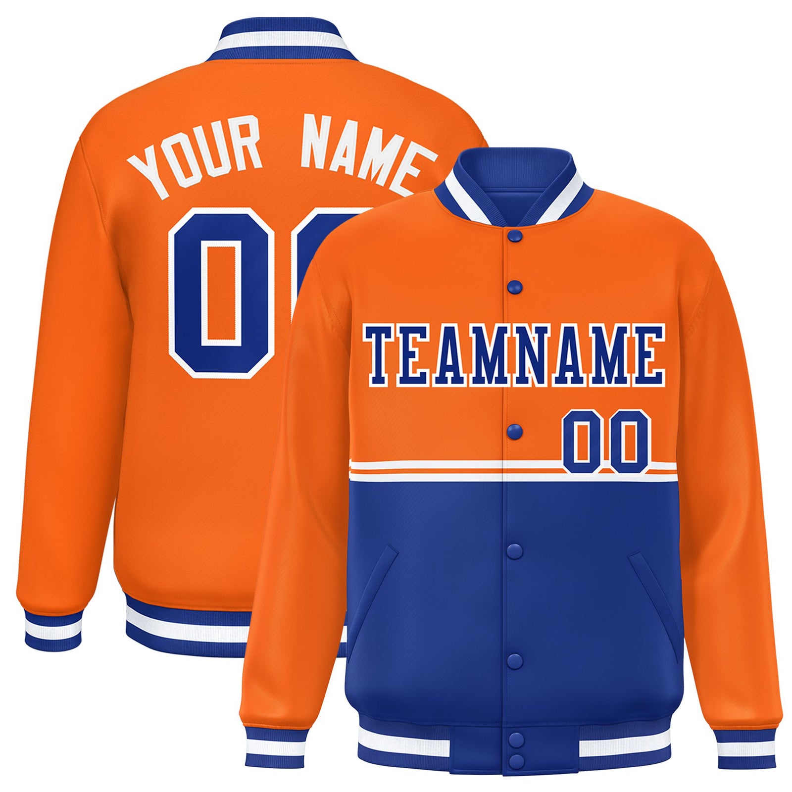 Custom Orange-Royal Blue-Orange Varsity Full-Snap Letterman Color-Matching Split Fashion Jacket
