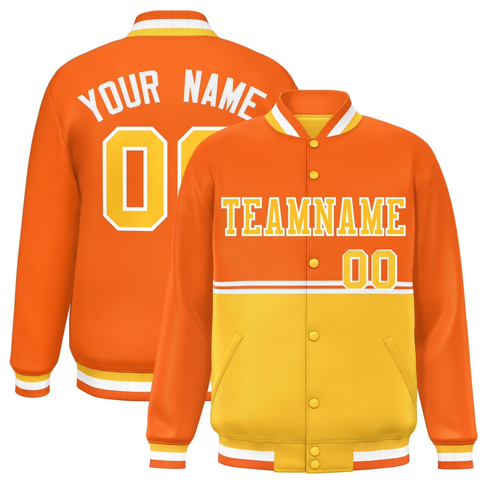 Custom Orange-Gold-Orange Varsity Full-Snap Letterman Color-Matching Split Fashion Jacket