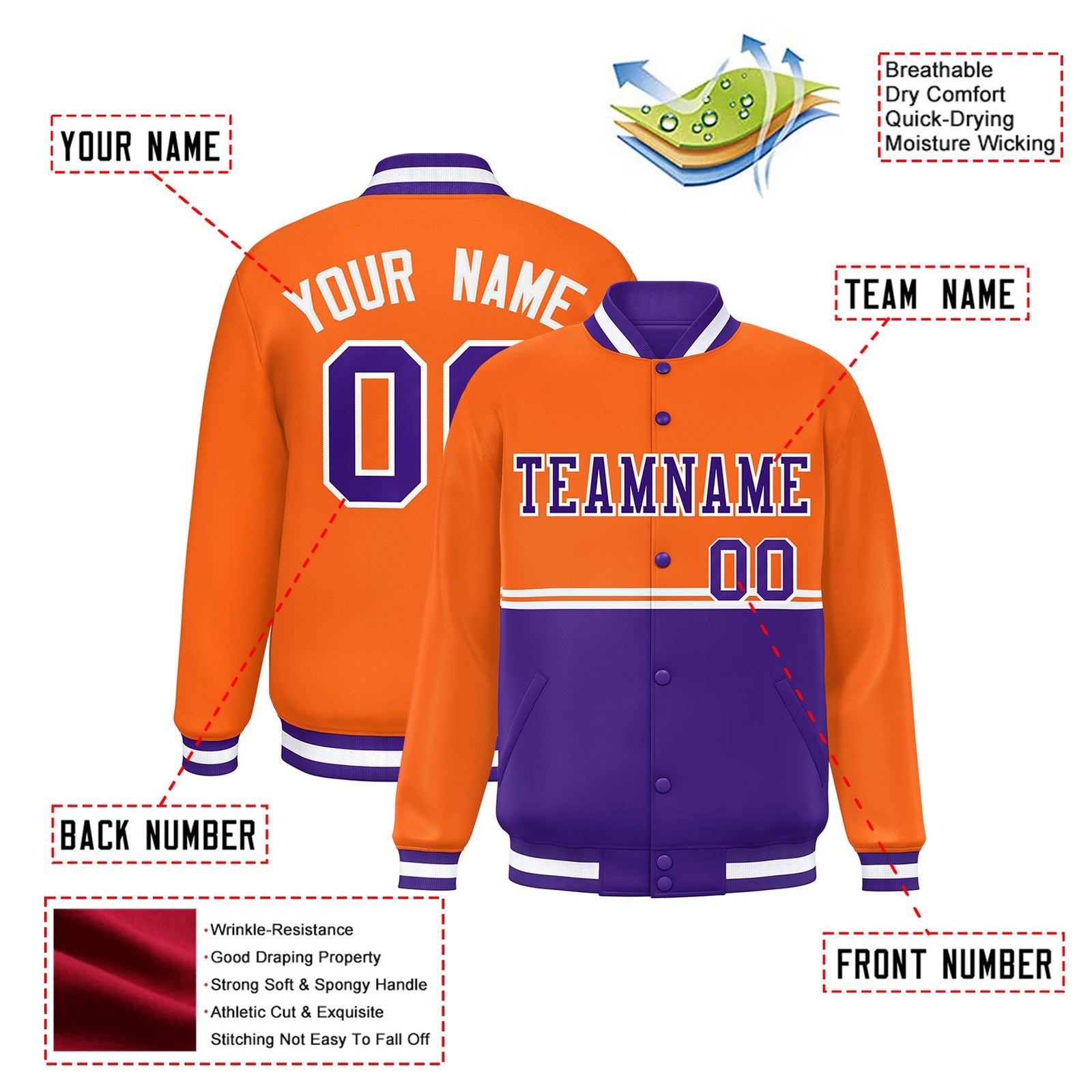 Custom Orange-Purple-Orange Varsity Full-Snap Letterman Color-Matching Split Fashion Jacket