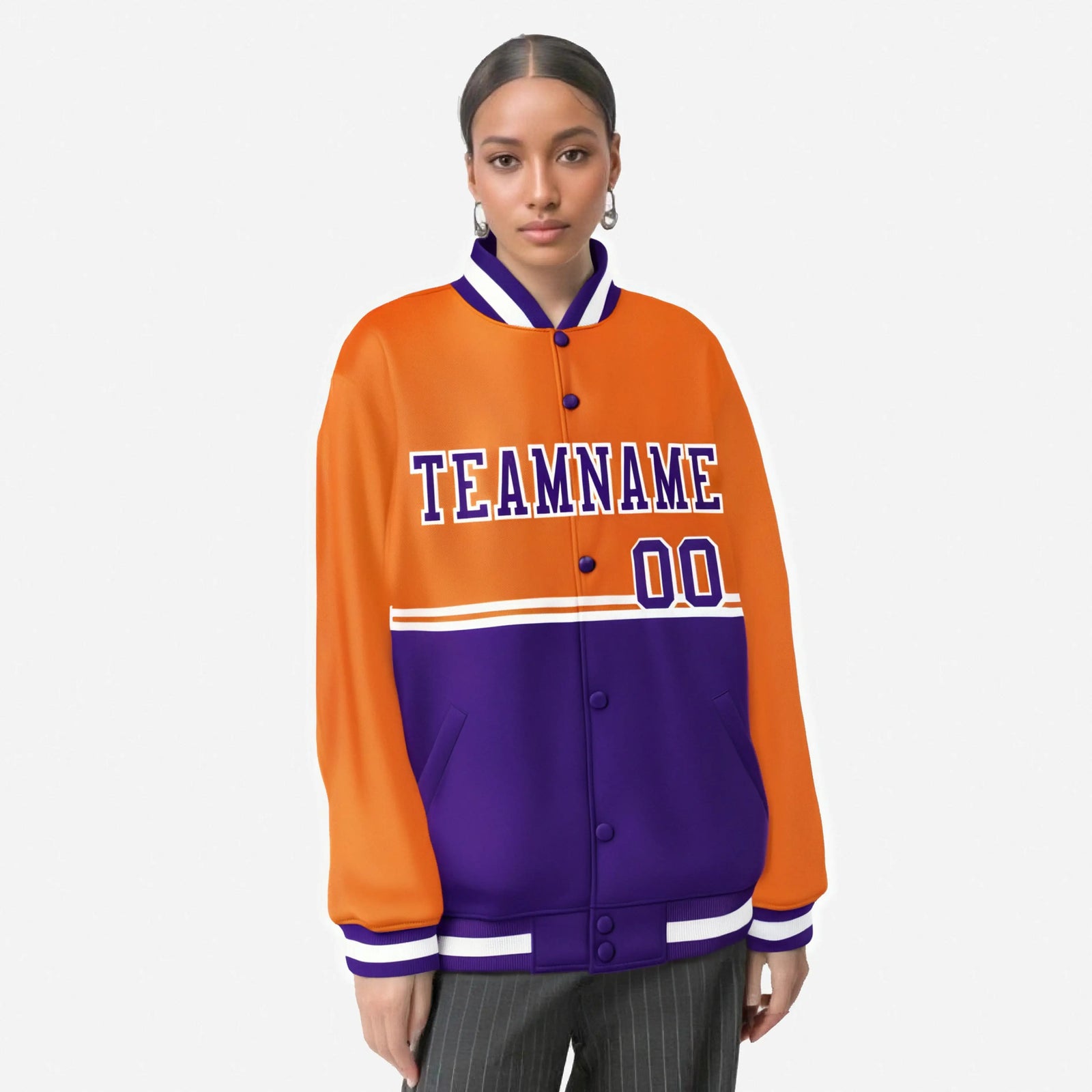 Custom Orange-Purple-Orange Varsity Full-Snap Letterman Color-Matching Split Fashion Jacket