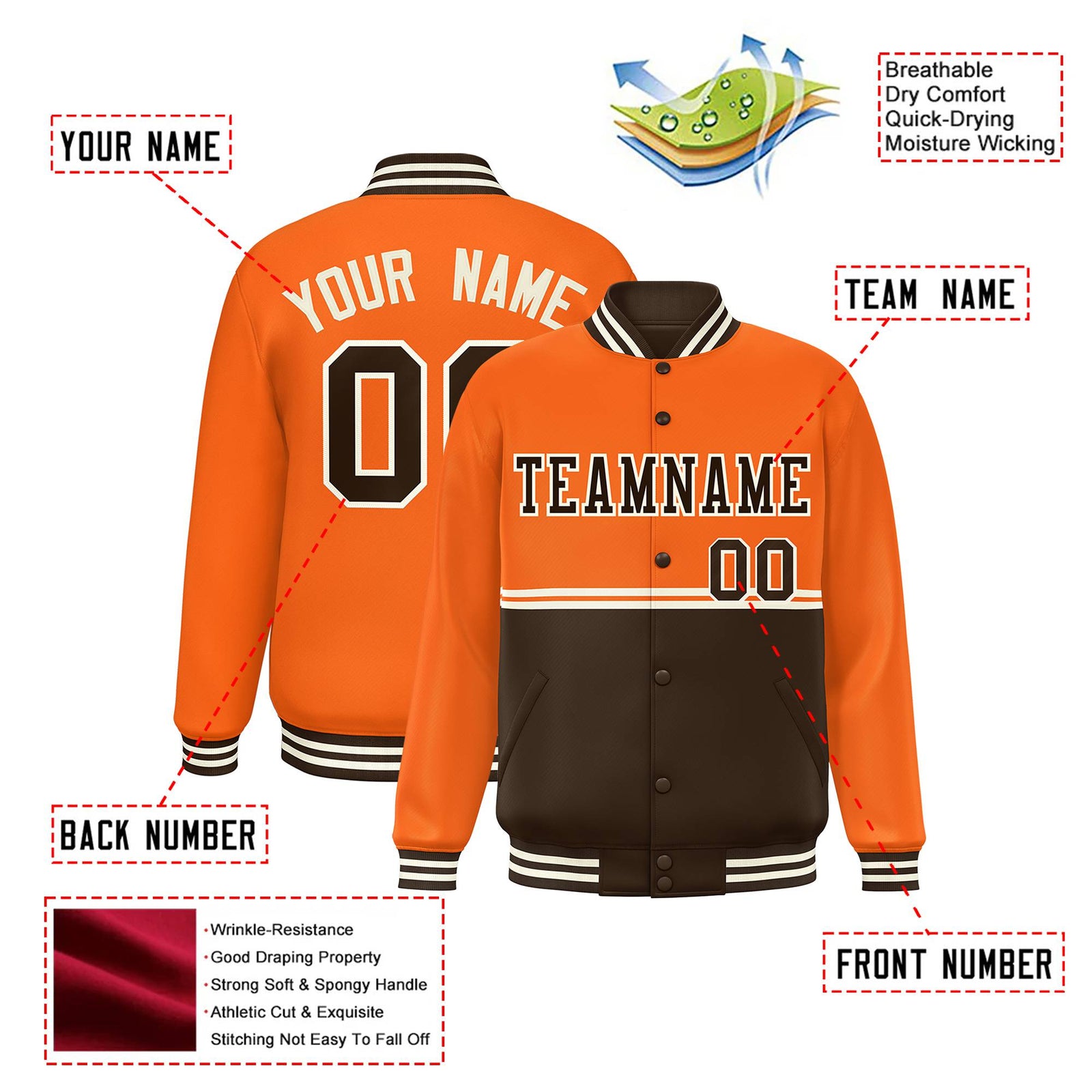 Custom Orange-Brown-Orange Varsity Full-Snap Letterman Color-Matching Split Fashion Jacket