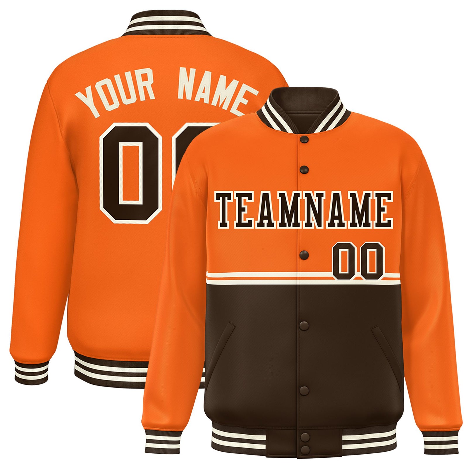 Custom Orange-Brown-Orange Varsity Full-Snap Letterman Color-Matching Split Fashion Jacket