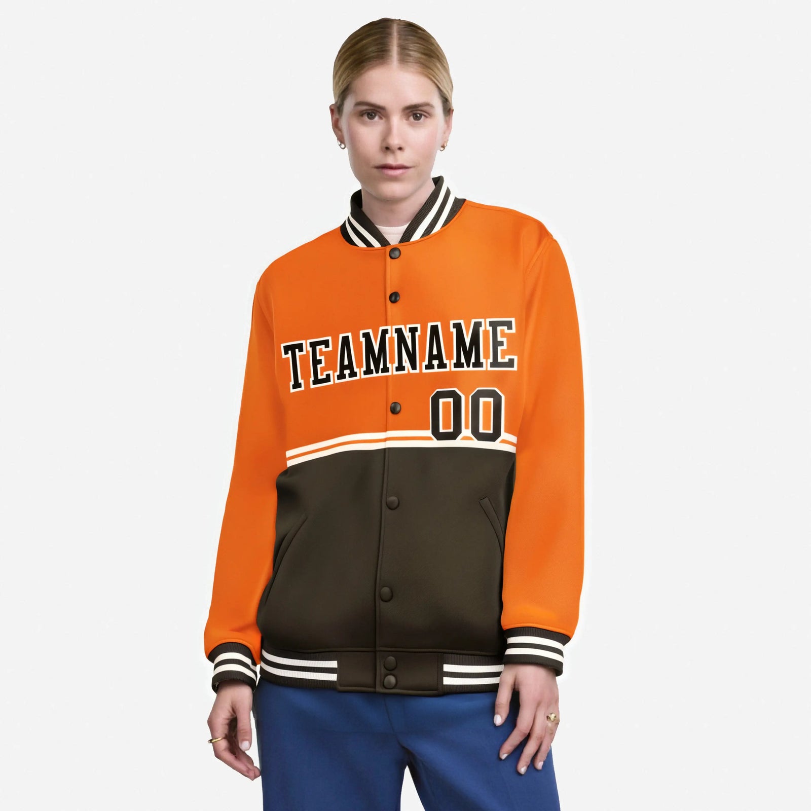 Custom Orange-Brown-Orange Varsity Full-Snap Letterman Color-Matching Split Fashion Jacket