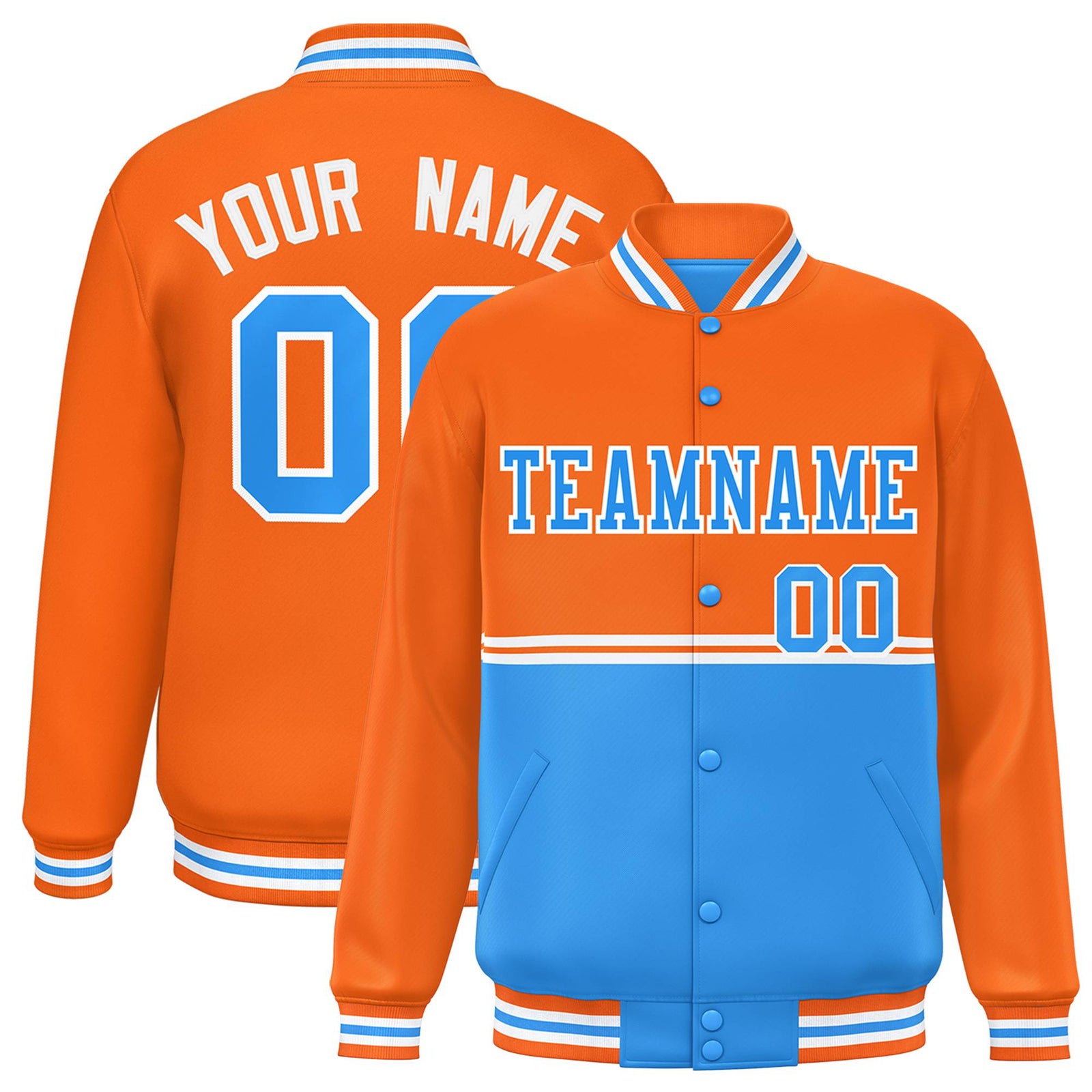 Custom Orange-Light Blue-Orange Varsity Full-Snap Letterman Color-Matching Split Fashion Jacket