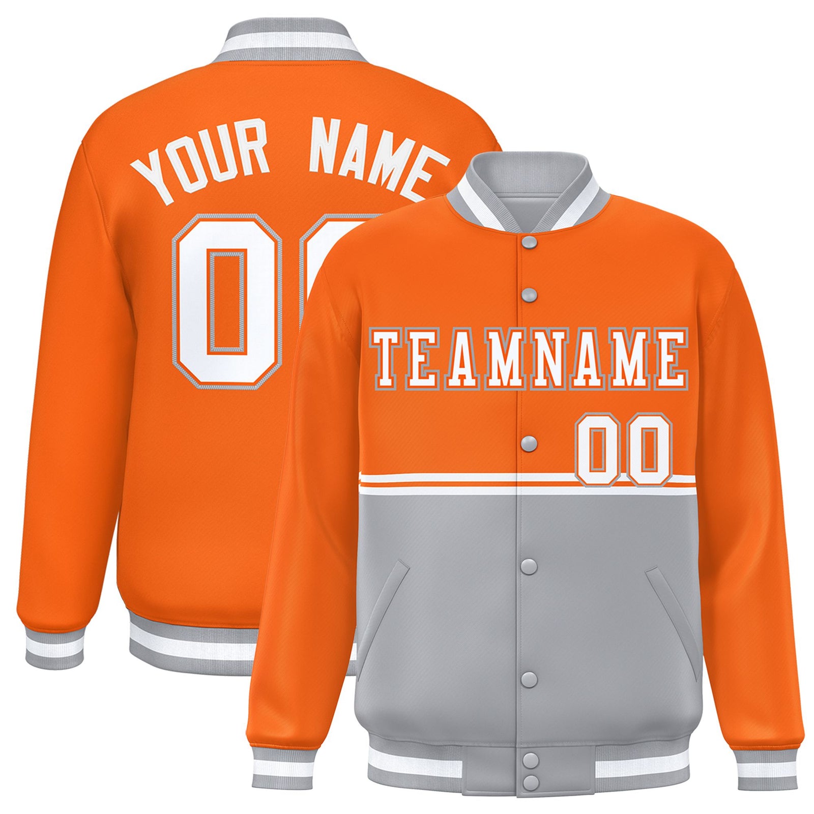 Custom Orange-Gray-Orange Varsity Full-Snap Letterman Color-Matching Split Fashion Jacket