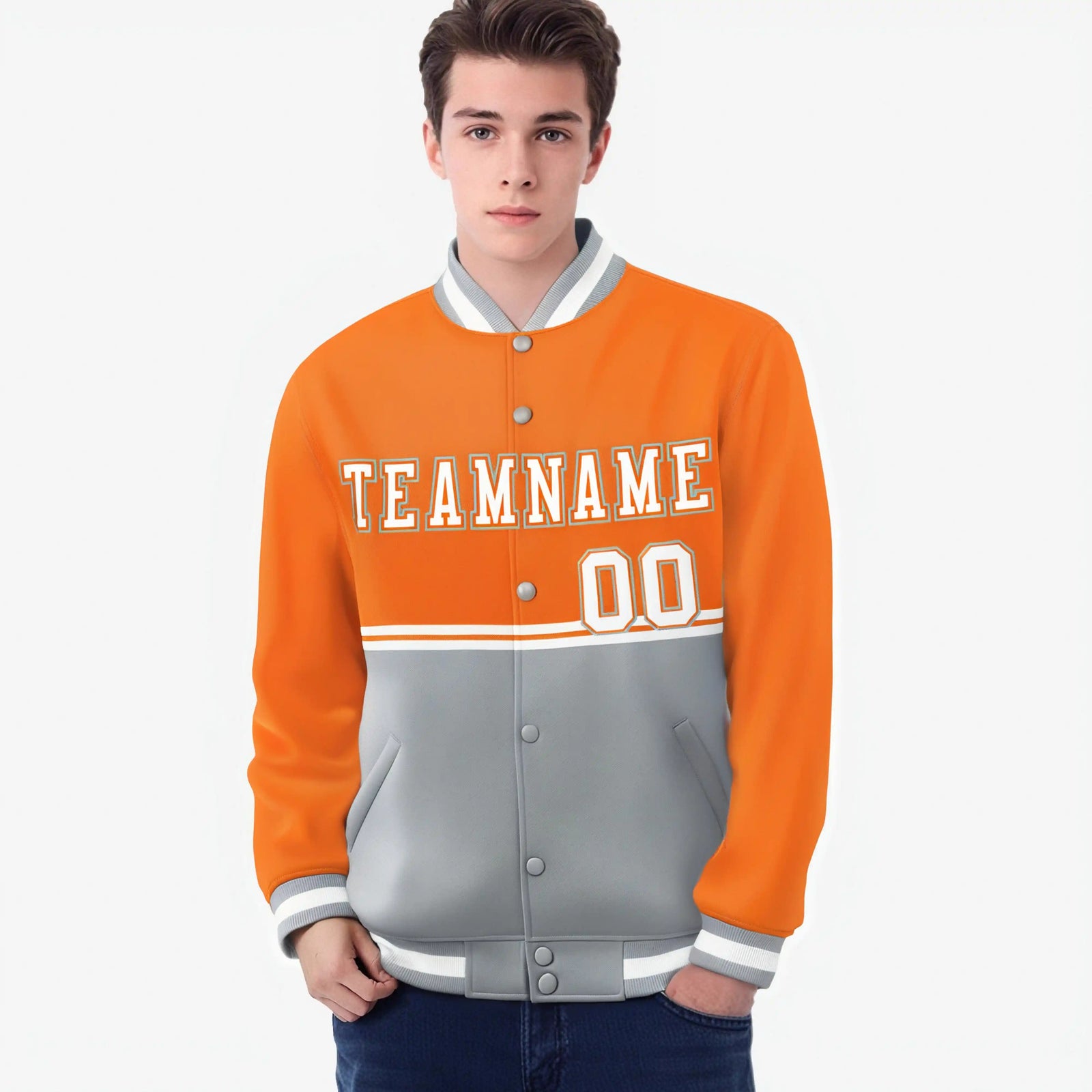 Custom Orange-Gray-Orange Varsity Full-Snap Letterman Color-Matching Split Fashion Jacket
