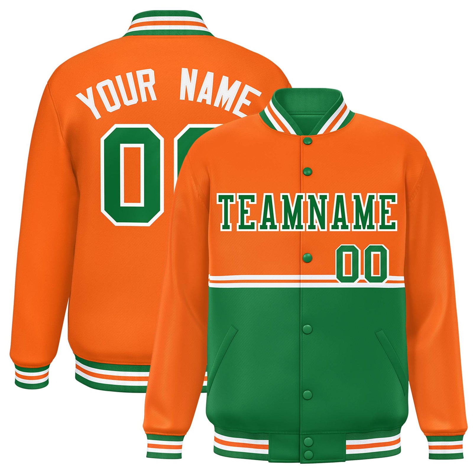 Custom Orange-Kelly Green-Orange Varsity Full-Snap Letterman Color-Matching Split Fashion Jacket