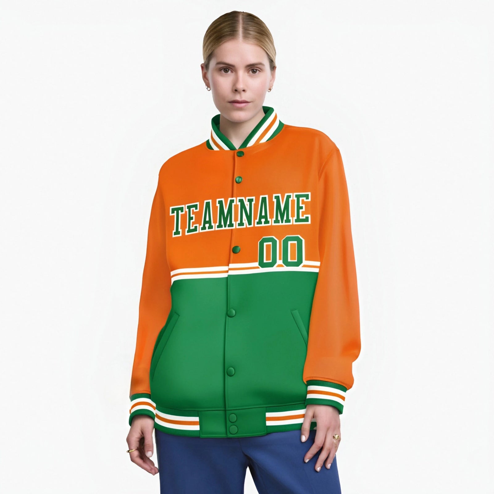 Custom Orange-Kelly Green-Orange Varsity Full-Snap Letterman Color-Matching Split Fashion Jacket