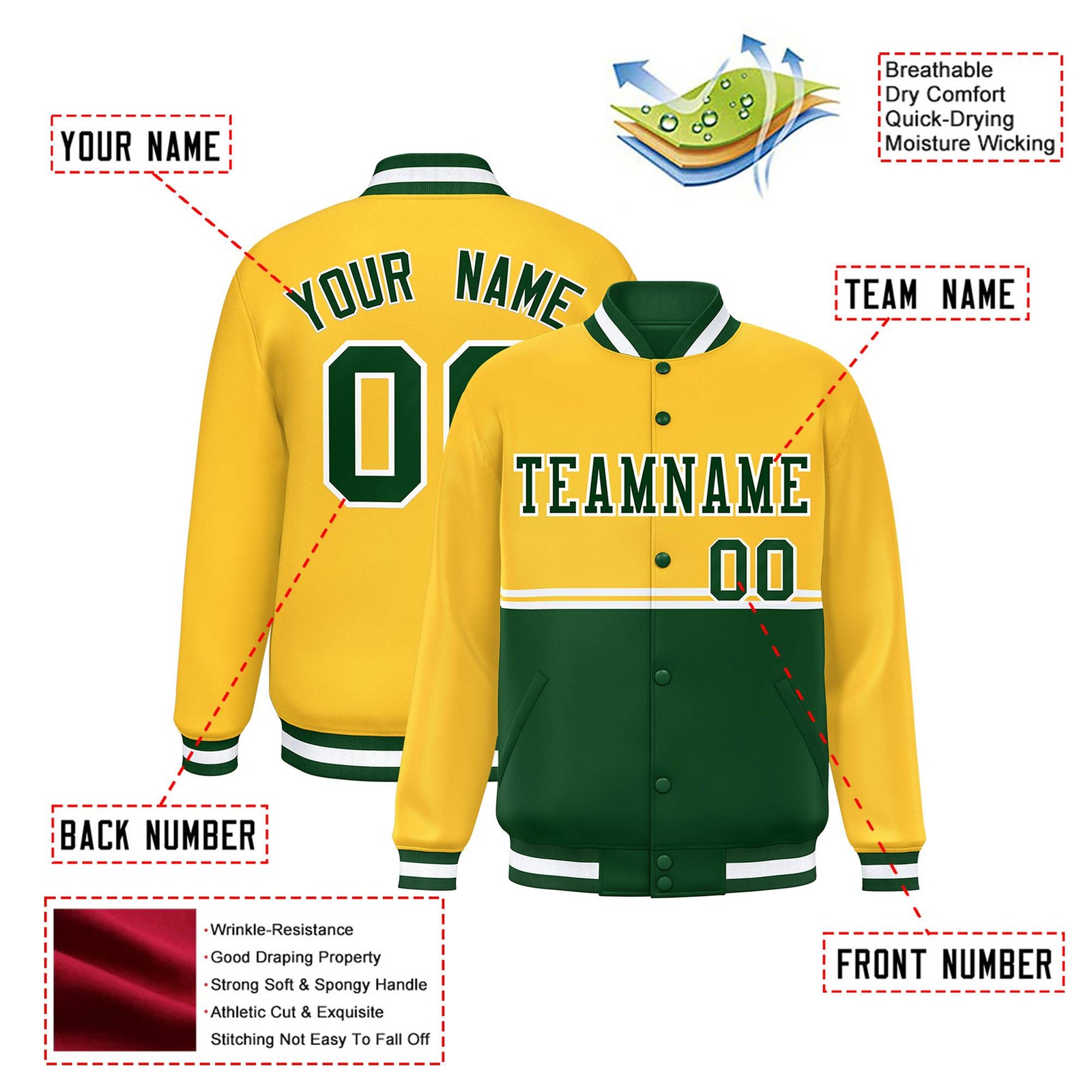 Custom Gold-Green-Gold Varsity Full-Snap Letterman Color-Matching Split Fashion Jacket