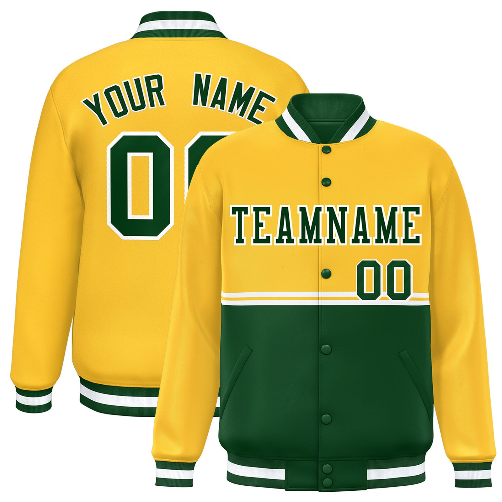 Custom Gold-Green-Gold Varsity Full-Snap Letterman Color-Matching Split Fashion Jacket