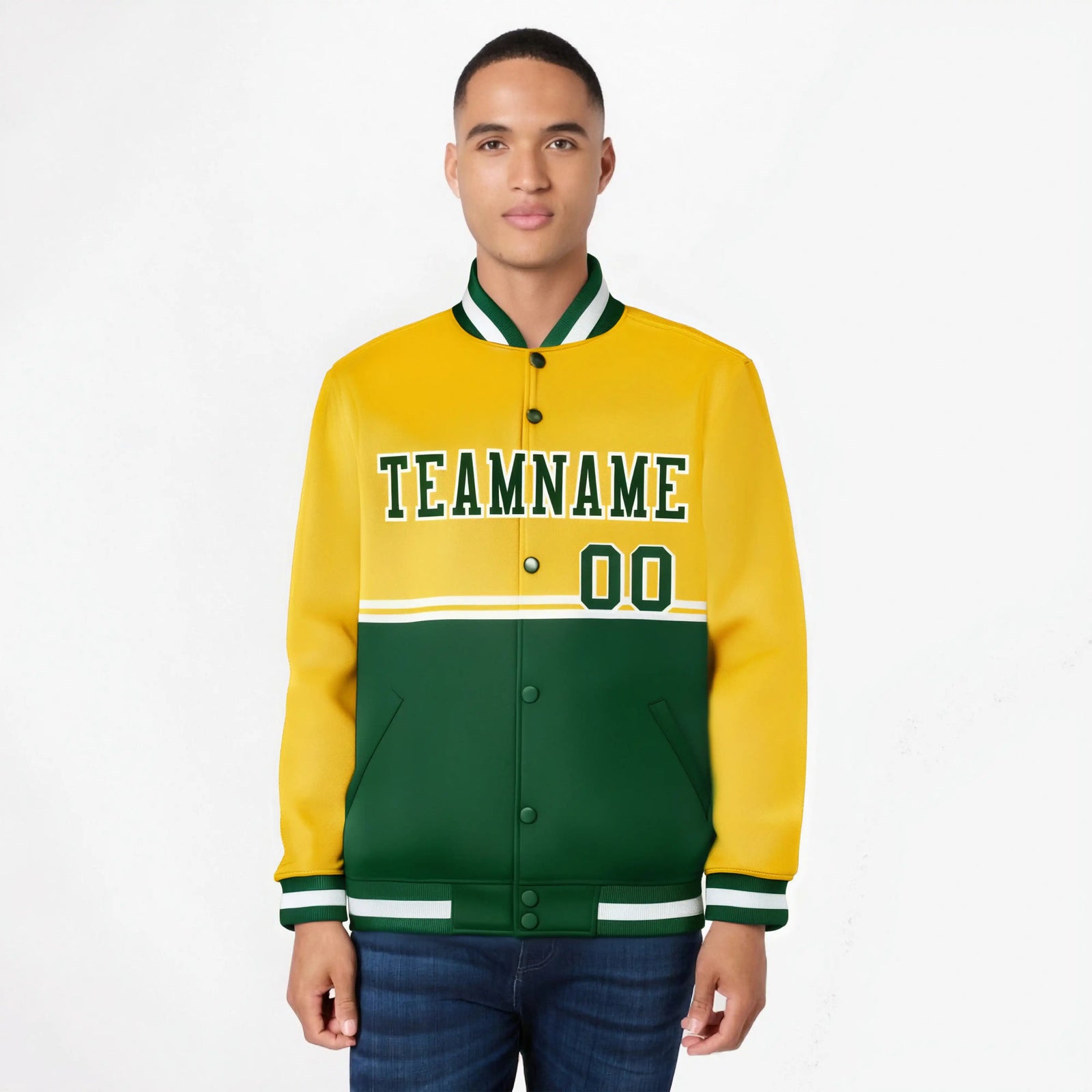 Custom Gold-Green-Gold Varsity Full-Snap Letterman Color-Matching Split Fashion Jacket