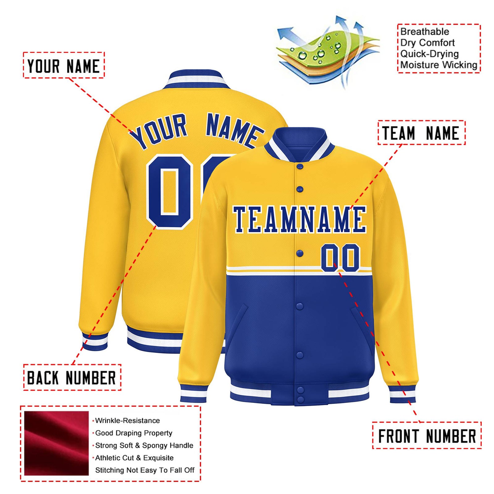 Custom Gold-Royal Blue-Gold Varsity Full-Snap Letterman Color-Matching Split Fashion Jacket