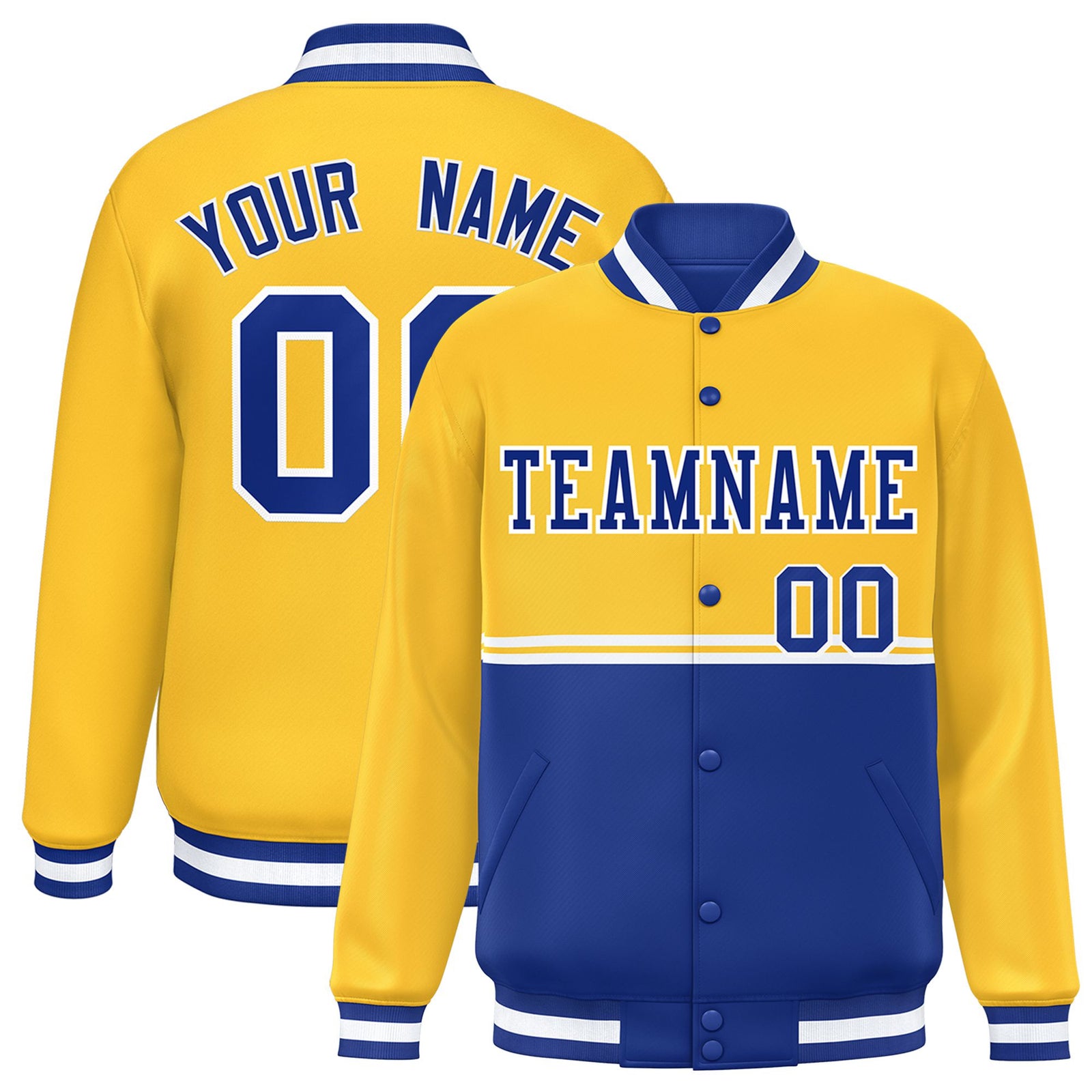 Custom Gold-Royal Blue-Gold Varsity Full-Snap Letterman Color-Matching Split Fashion Jacket