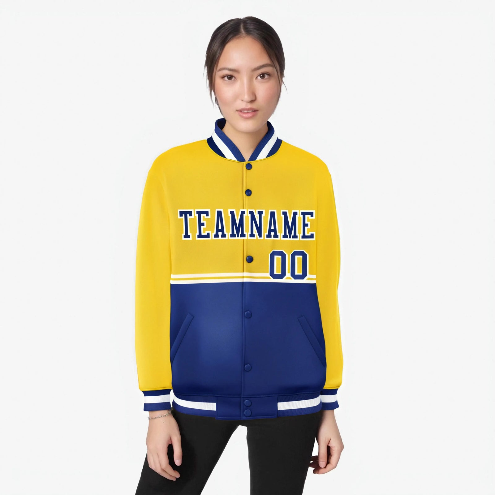 Custom Gold-Royal Blue-Gold Varsity Full-Snap Letterman Color-Matching Split Fashion Jacket