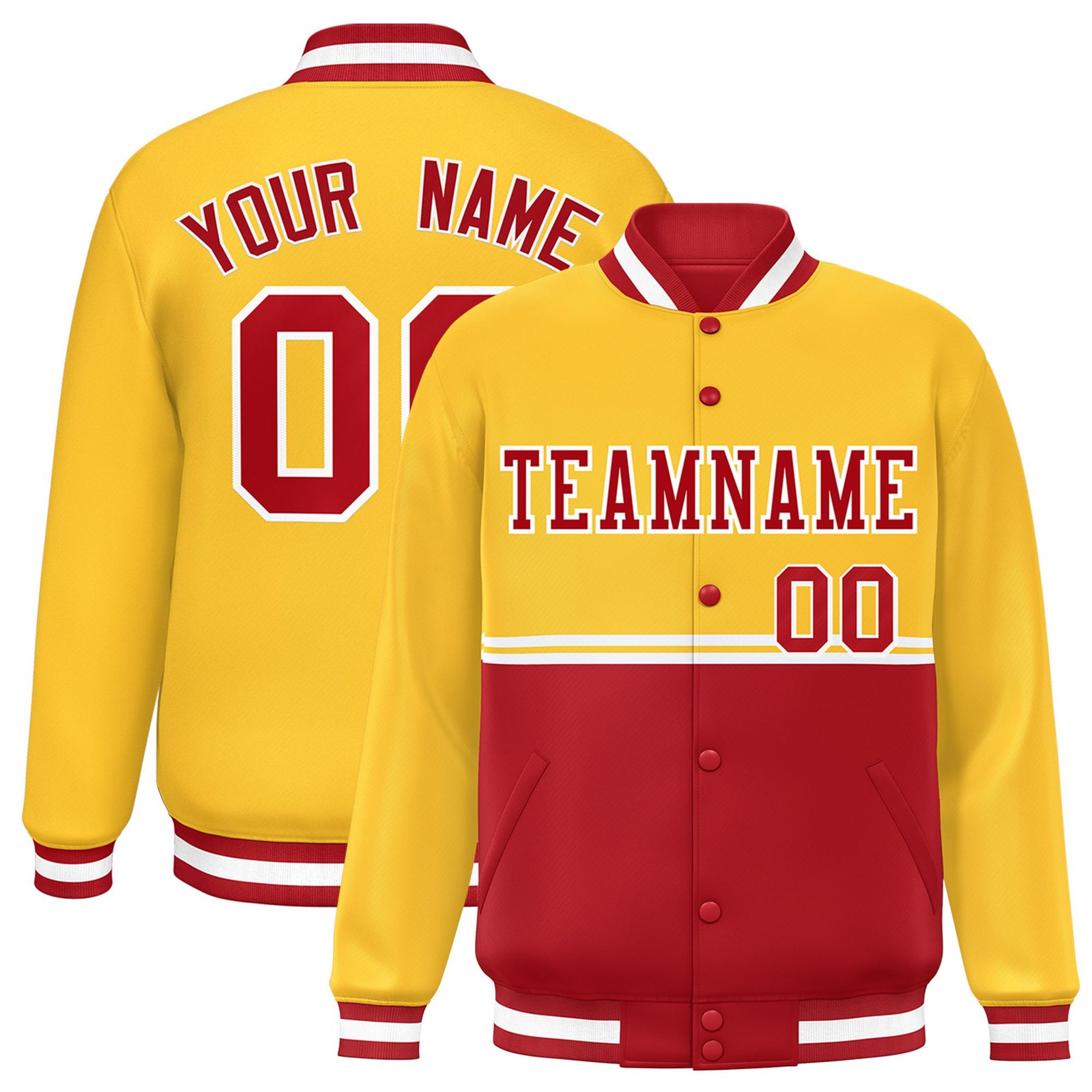 Custom Gold-Red-Gold Varsity Full-Snap Letterman Color-Matching Split Fashion Jacket