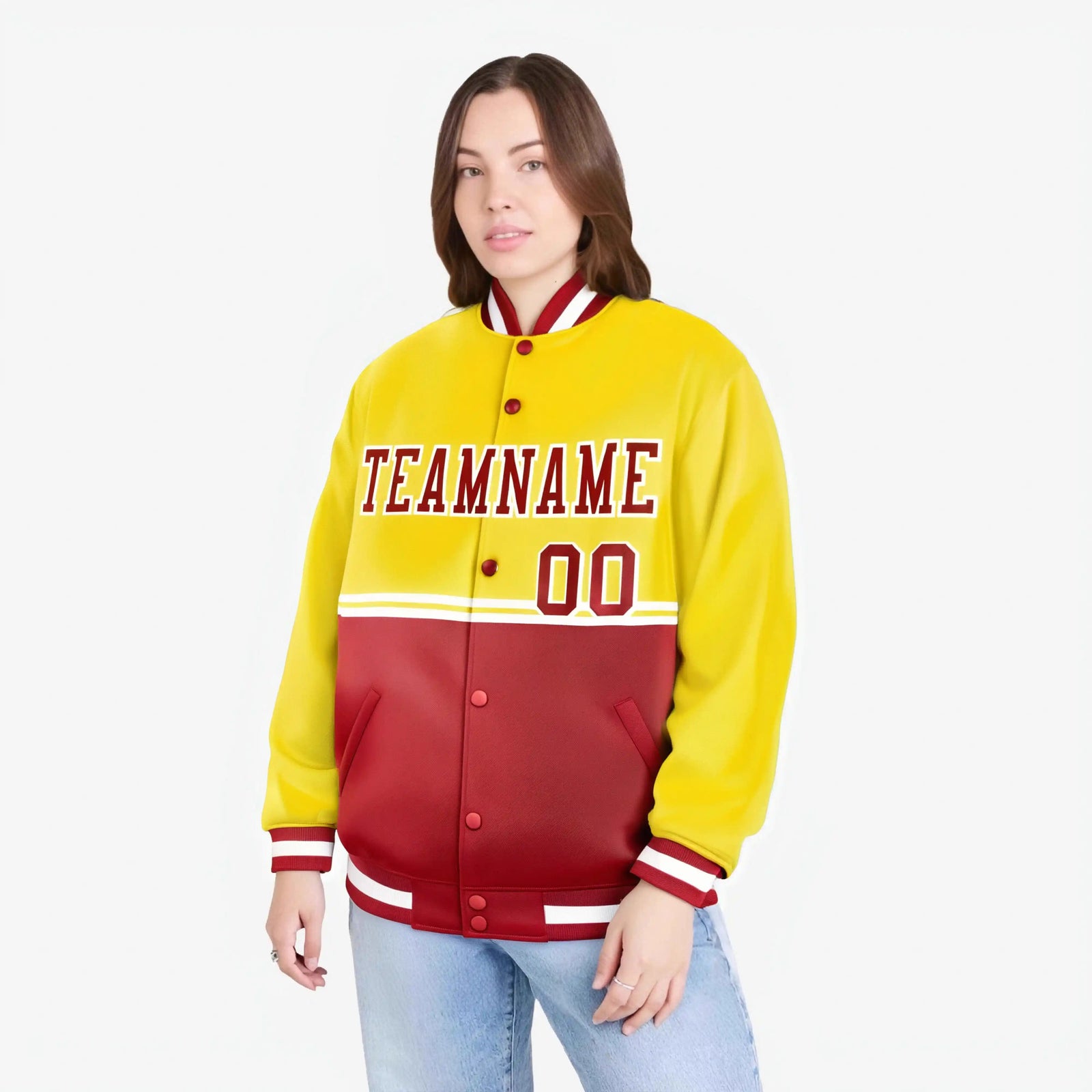 Custom Gold-Red-Gold Varsity Full-Snap Letterman Color-Matching Split Fashion Jacket