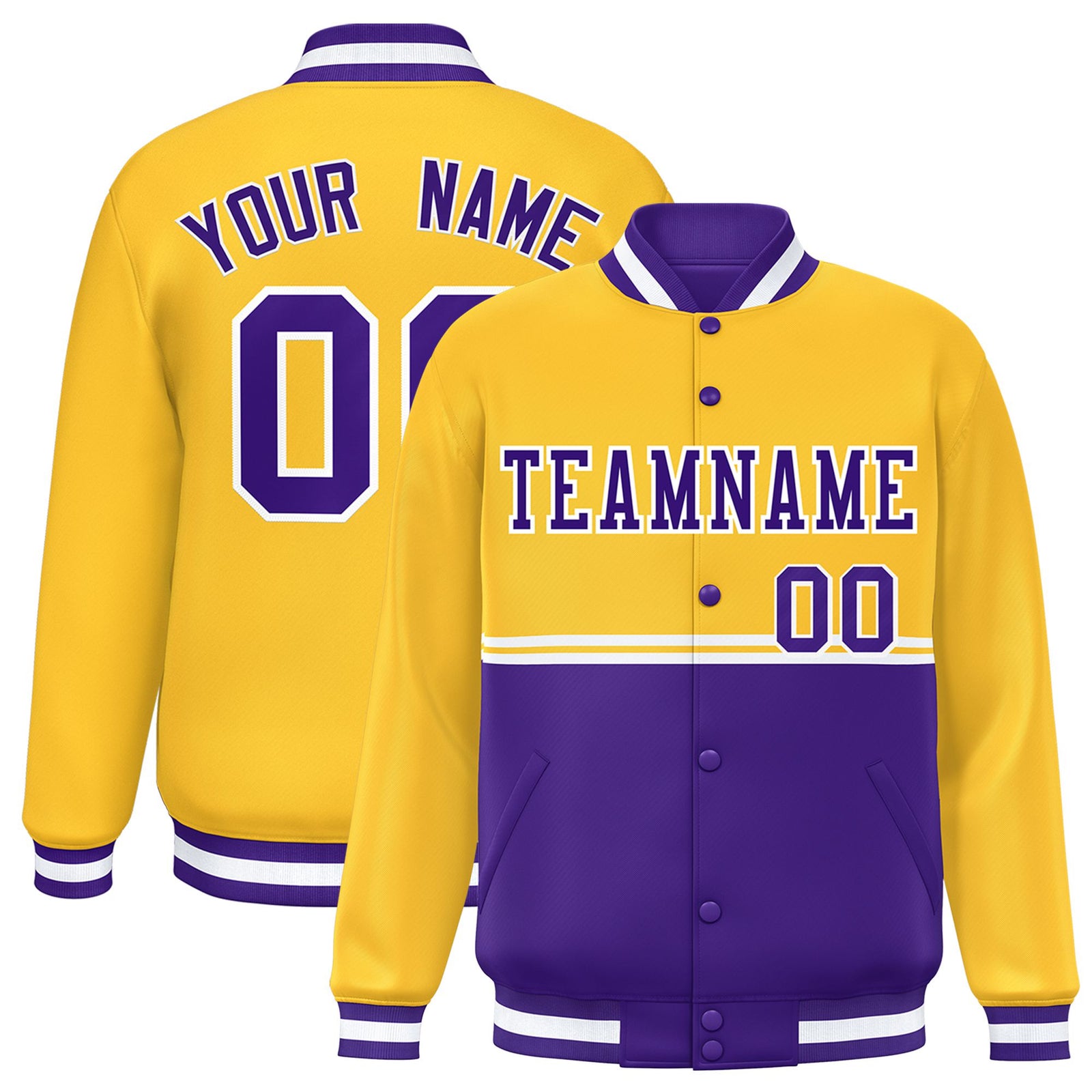Custom Gold-Purple-Gold Varsity Full-Snap Letterman Color-Matching Split Fashion Jacket