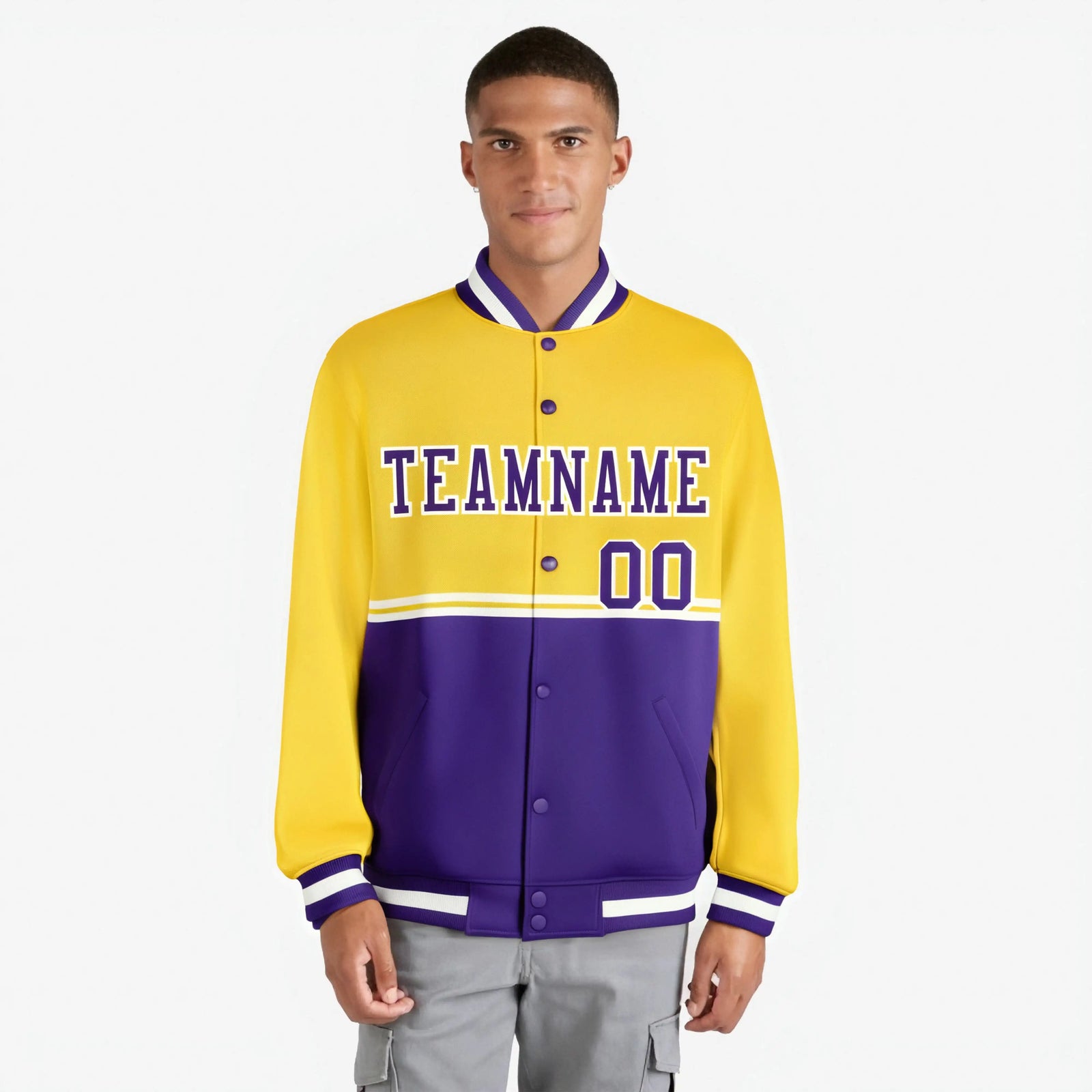 Custom Gold-Purple-Gold Varsity Full-Snap Letterman Color-Matching Split Fashion Jacket