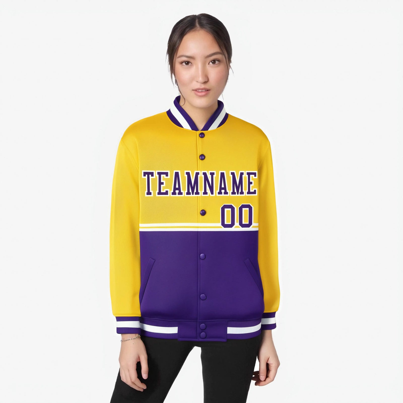 Custom Gold-Purple-Gold Varsity Full-Snap Letterman Color-Matching Split Fashion Jacket