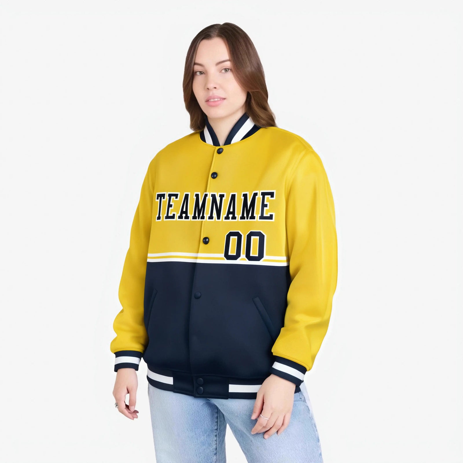 Custom Gold-Navy-Gold Varsity Full-Snap Letterman Color-Matching Split Fashion Jacket