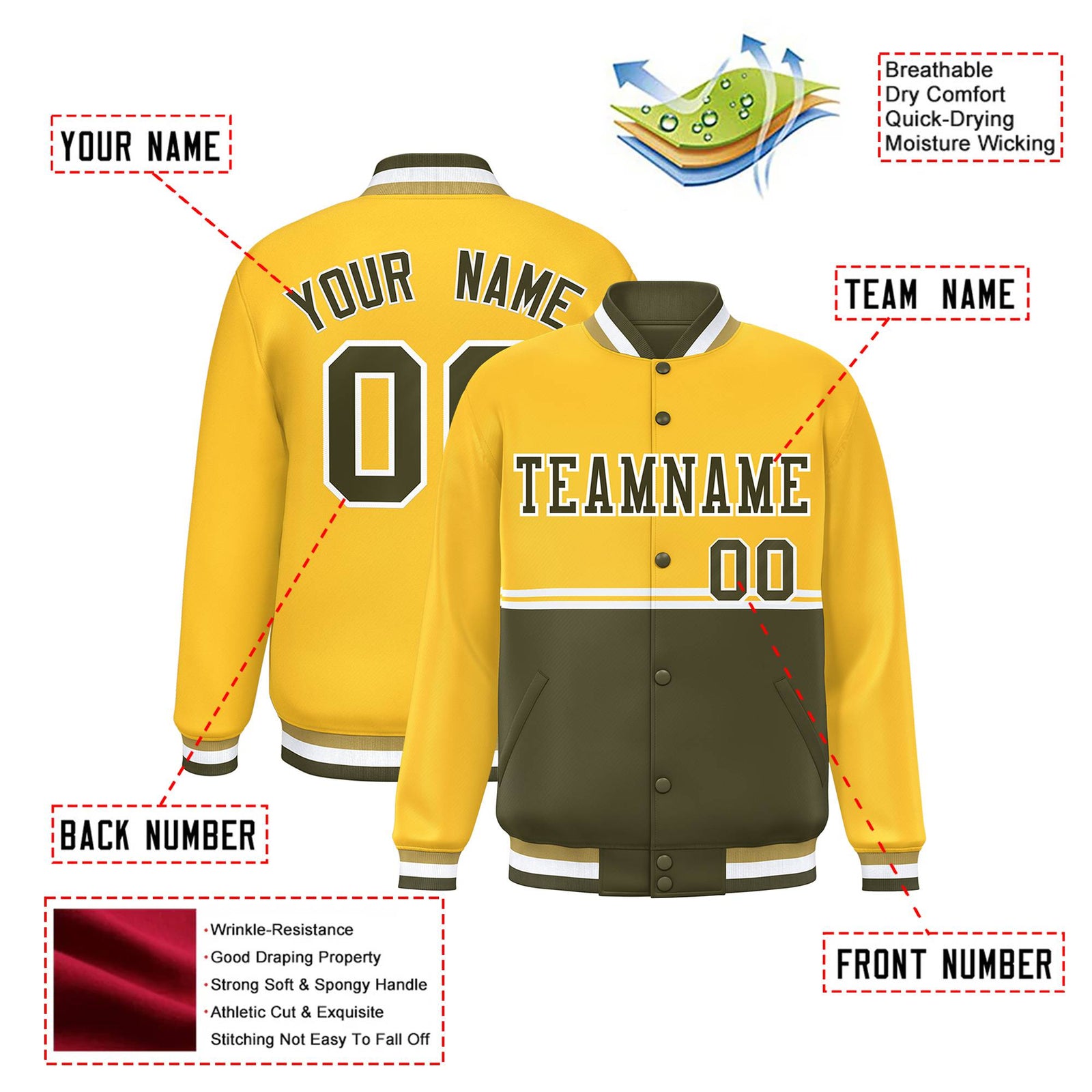 Custom Gold-Olive-Gold Varsity Full-Snap Letterman Color-Matching Split Fashion Jacket