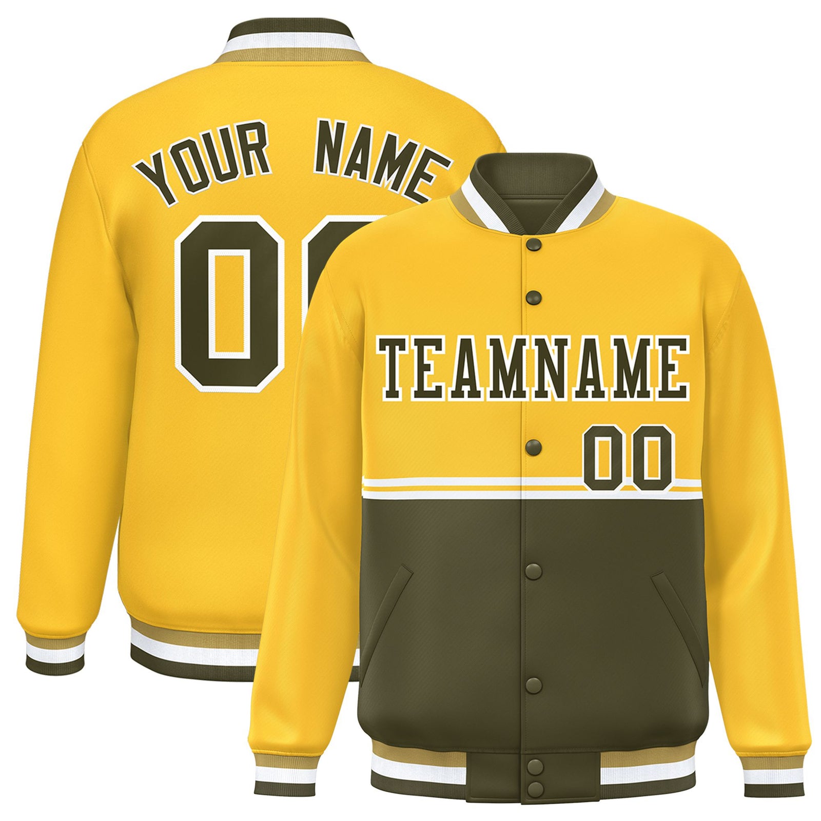 Custom Gold-Olive-Gold Varsity Full-Snap Letterman Color-Matching Split Fashion Jacket