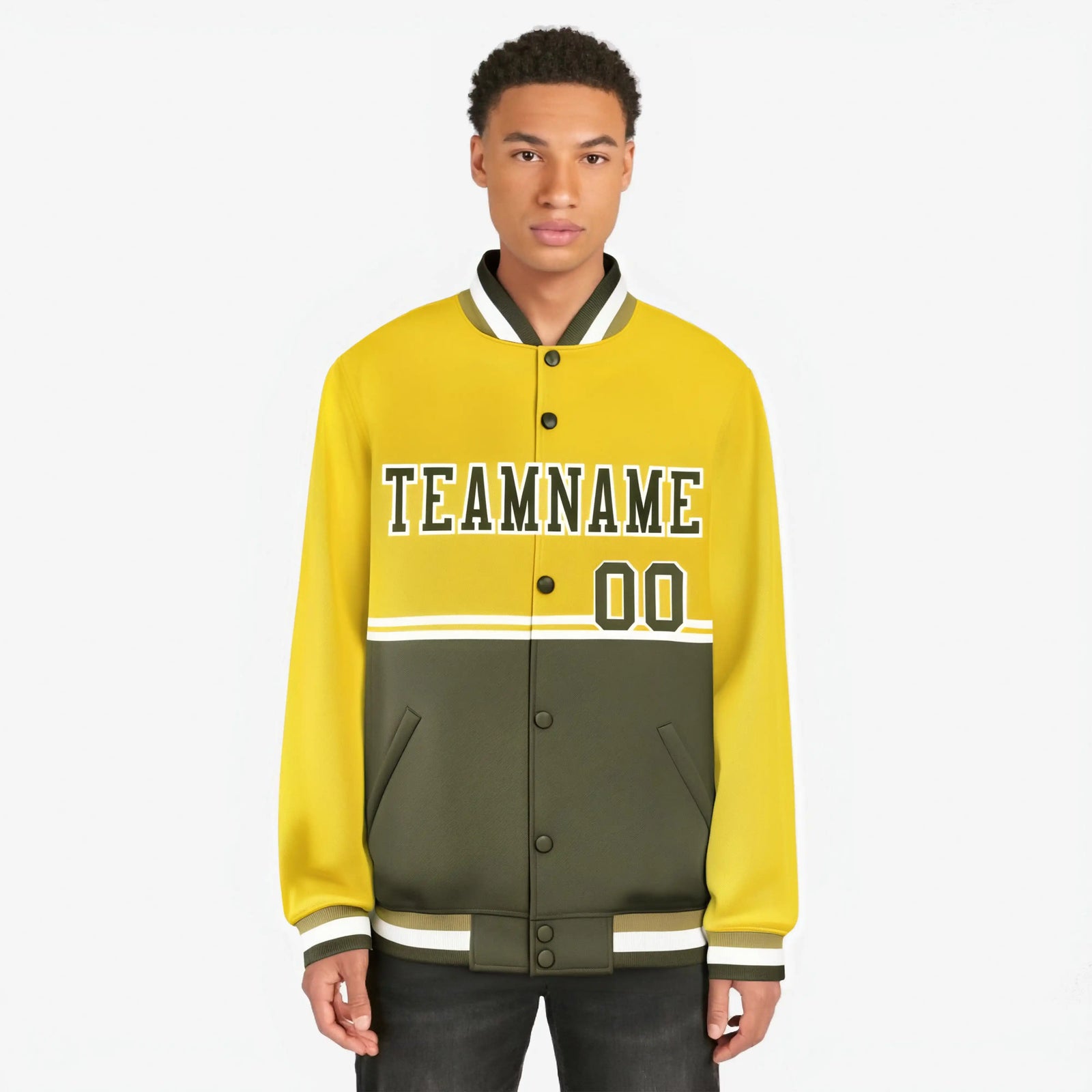 Custom Gold-Olive-Gold Varsity Full-Snap Letterman Color-Matching Split Fashion Jacket