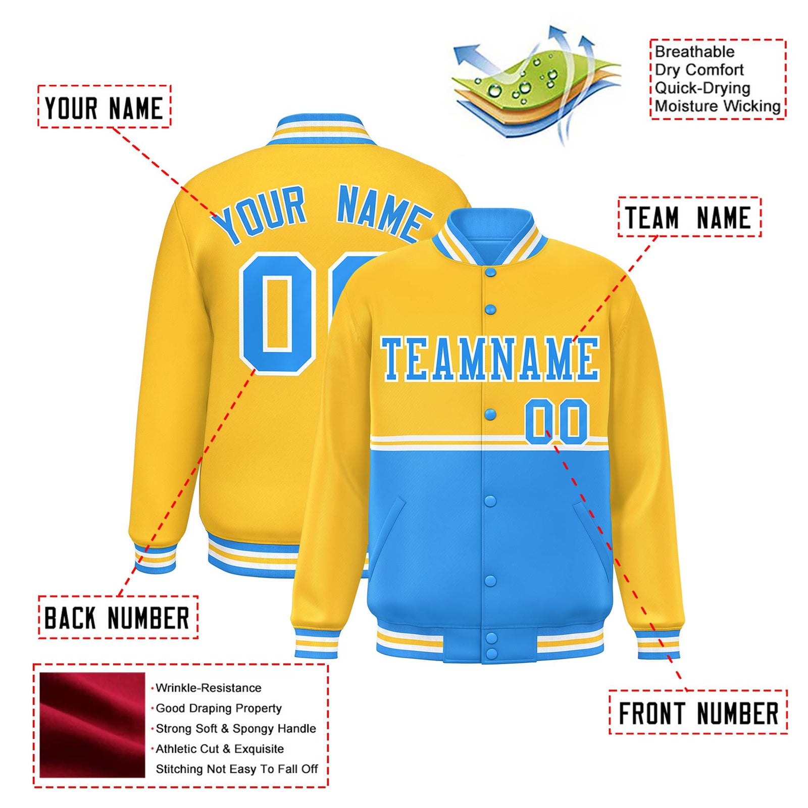 Custom Gold-Powder Blue-Gold Varsity Full-Snap Letterman Color-Matching Split Fashion Jacket