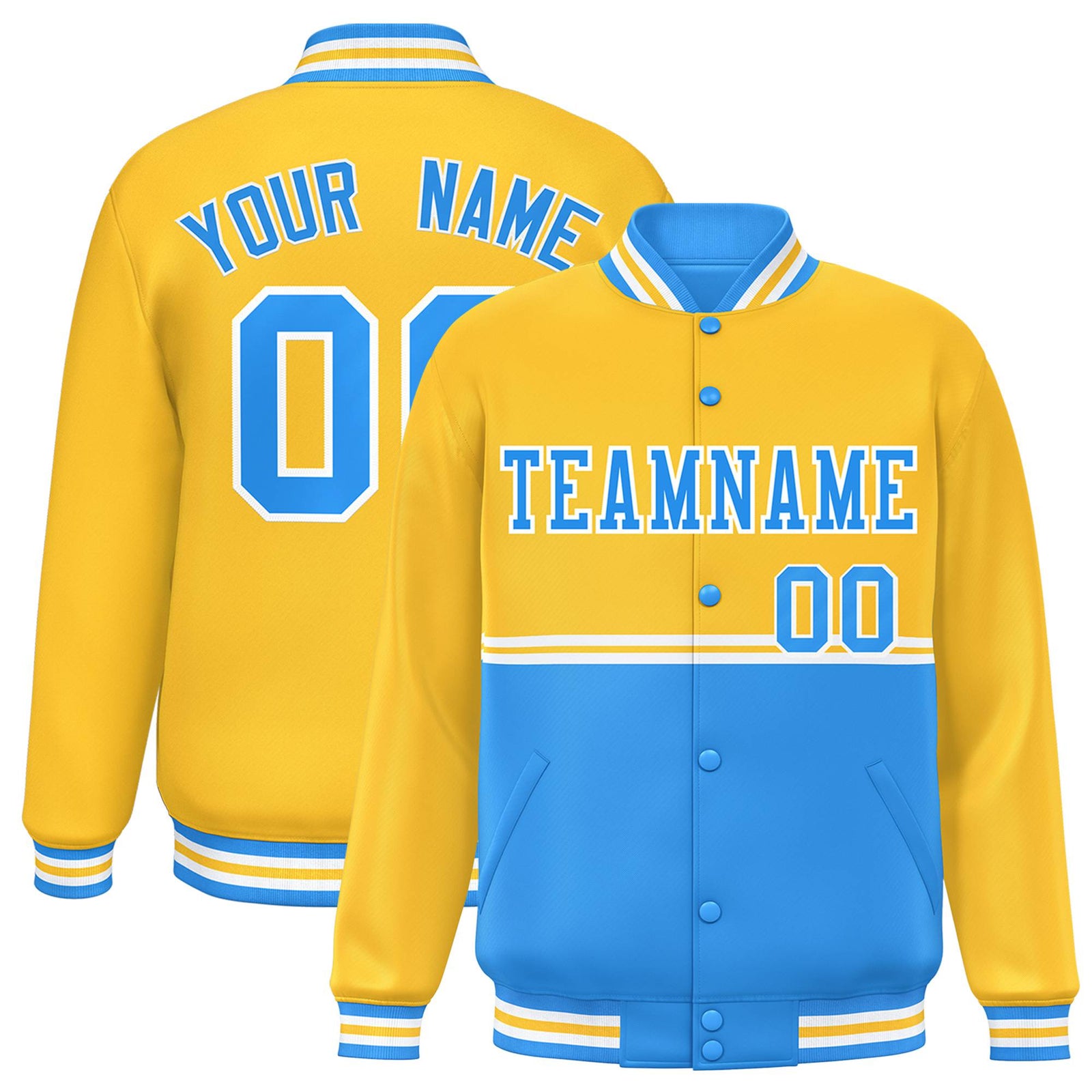 Custom Gold-Powder Blue-Gold Varsity Full-Snap Letterman Color-Matching Split Fashion Jacket