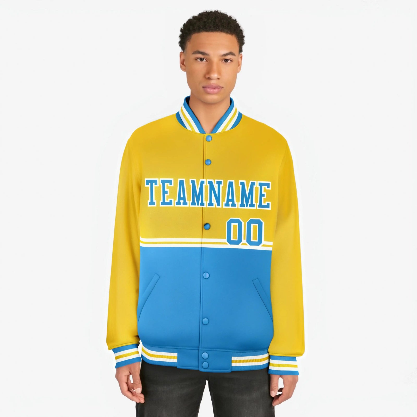 Custom Gold-Powder Blue-Gold Varsity Full-Snap Letterman Color-Matching Split Fashion Jacket