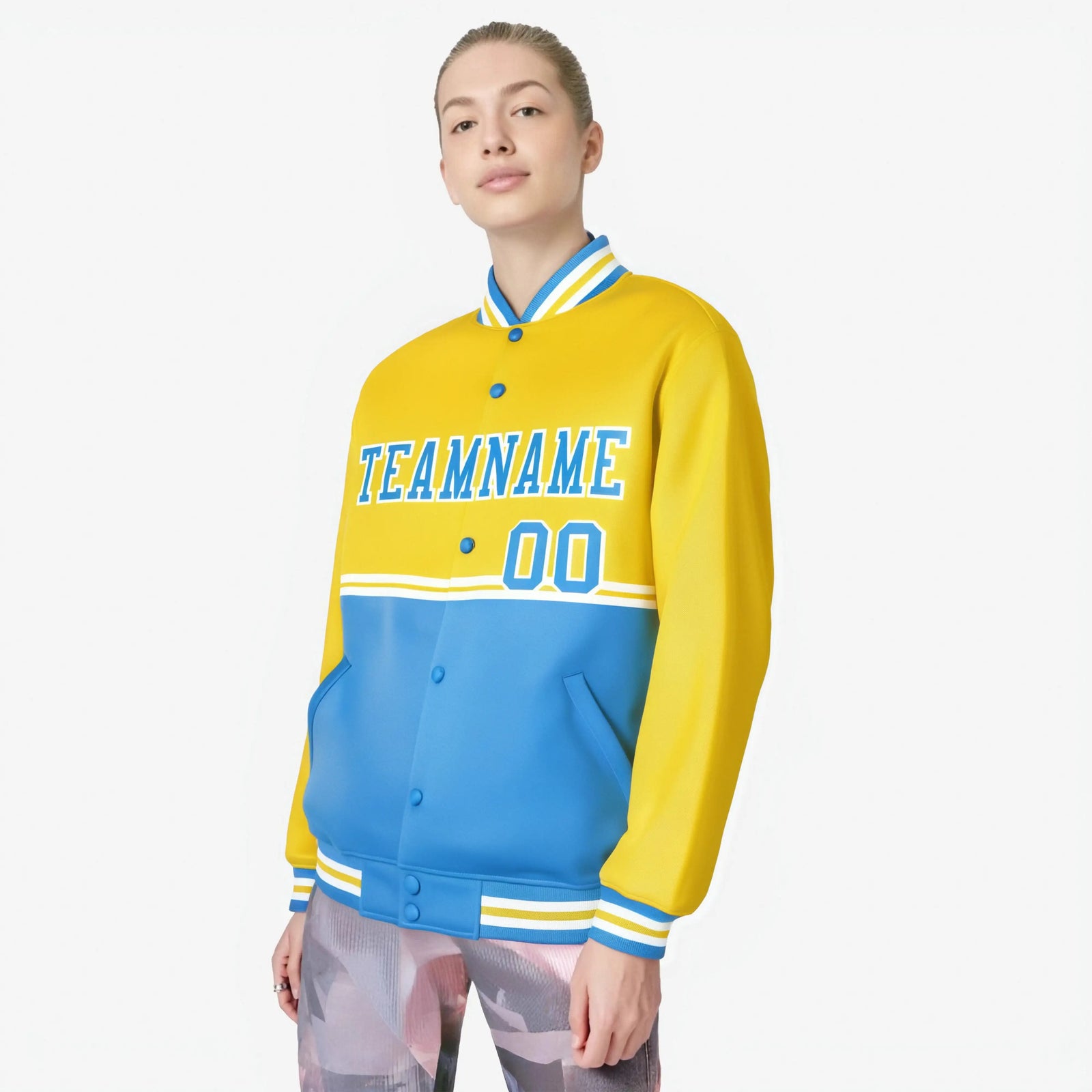 Custom Gold-Powder Blue-Gold Varsity Full-Snap Letterman Color-Matching Split Fashion Jacket