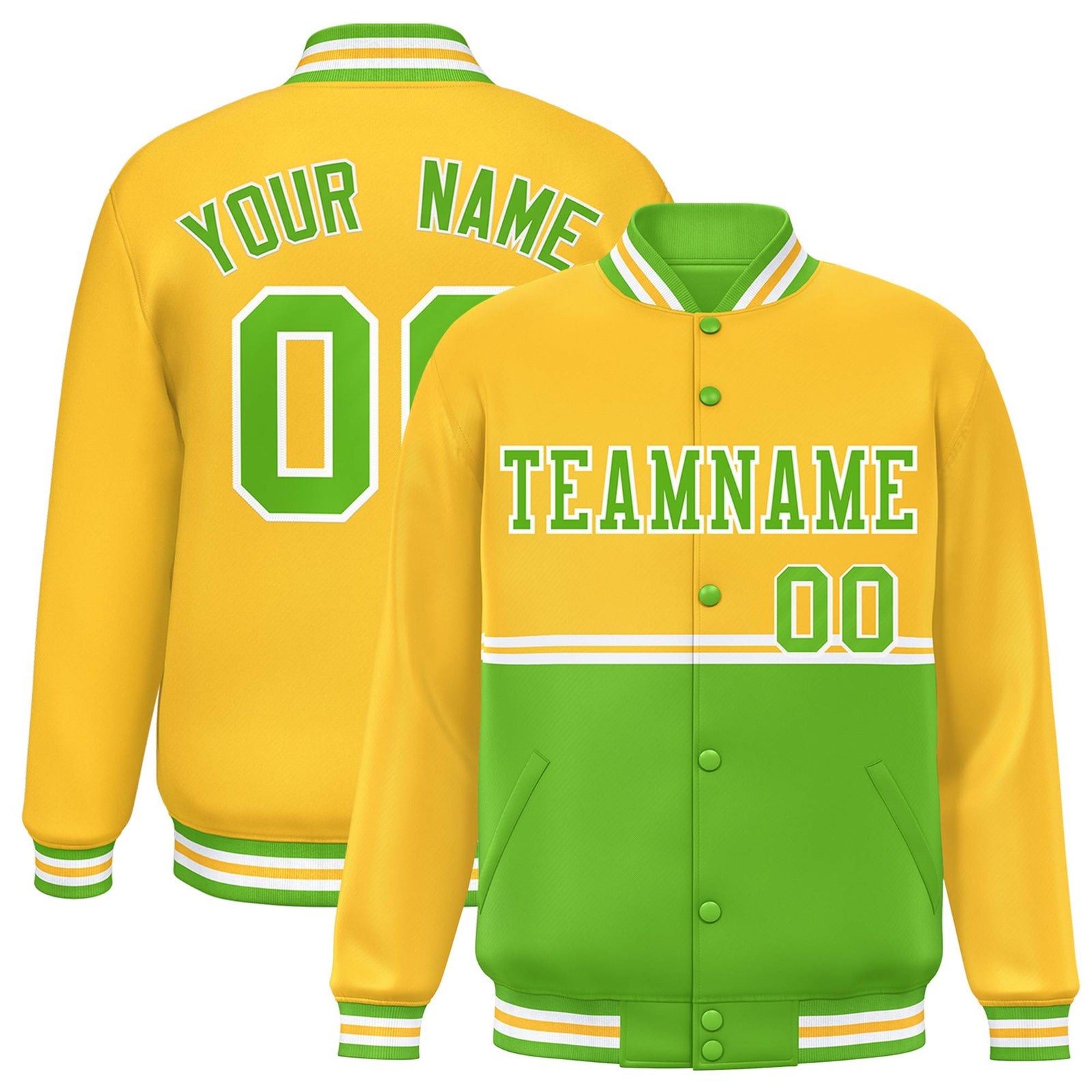 Custom Gold-Neon Green-Gold Varsity Full-Snap Letterman Color-Matching Split Fashion Jacket