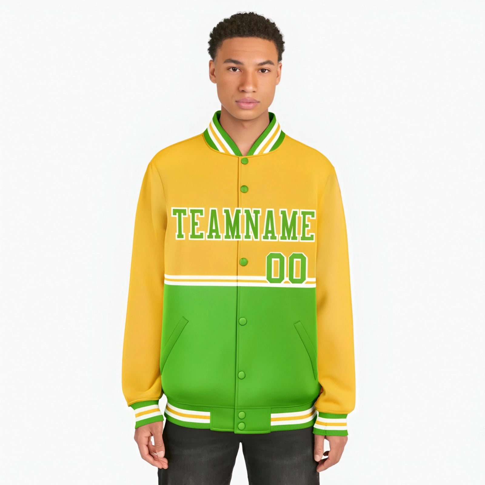 Custom Gold-Neon Green-Gold Varsity Full-Snap Letterman Color-Matching Split Fashion Jacket