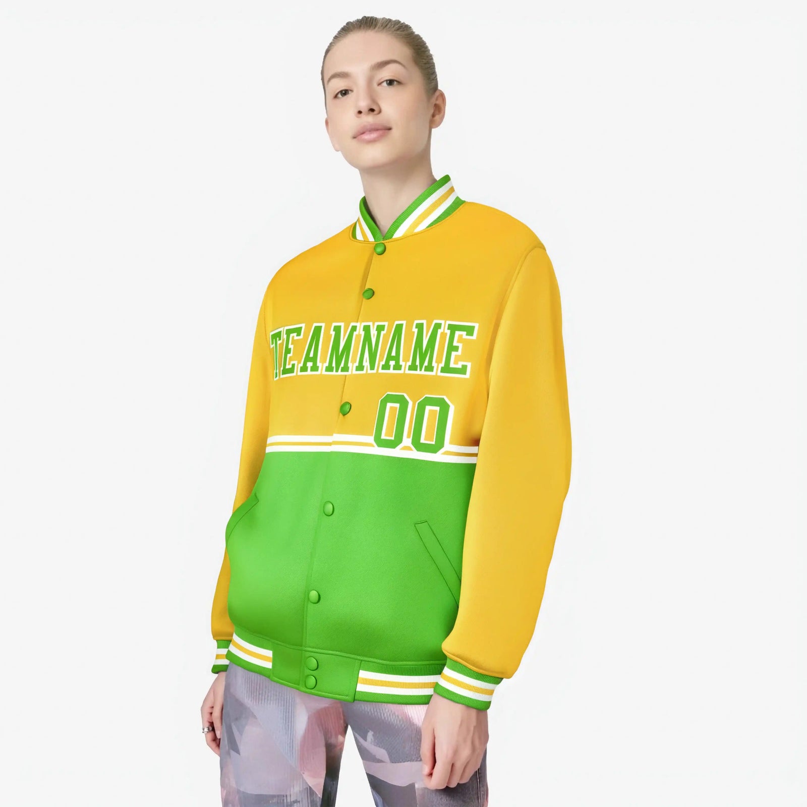 Custom Gold-Neon Green-Gold Varsity Full-Snap Letterman Color-Matching Split Fashion Jacket