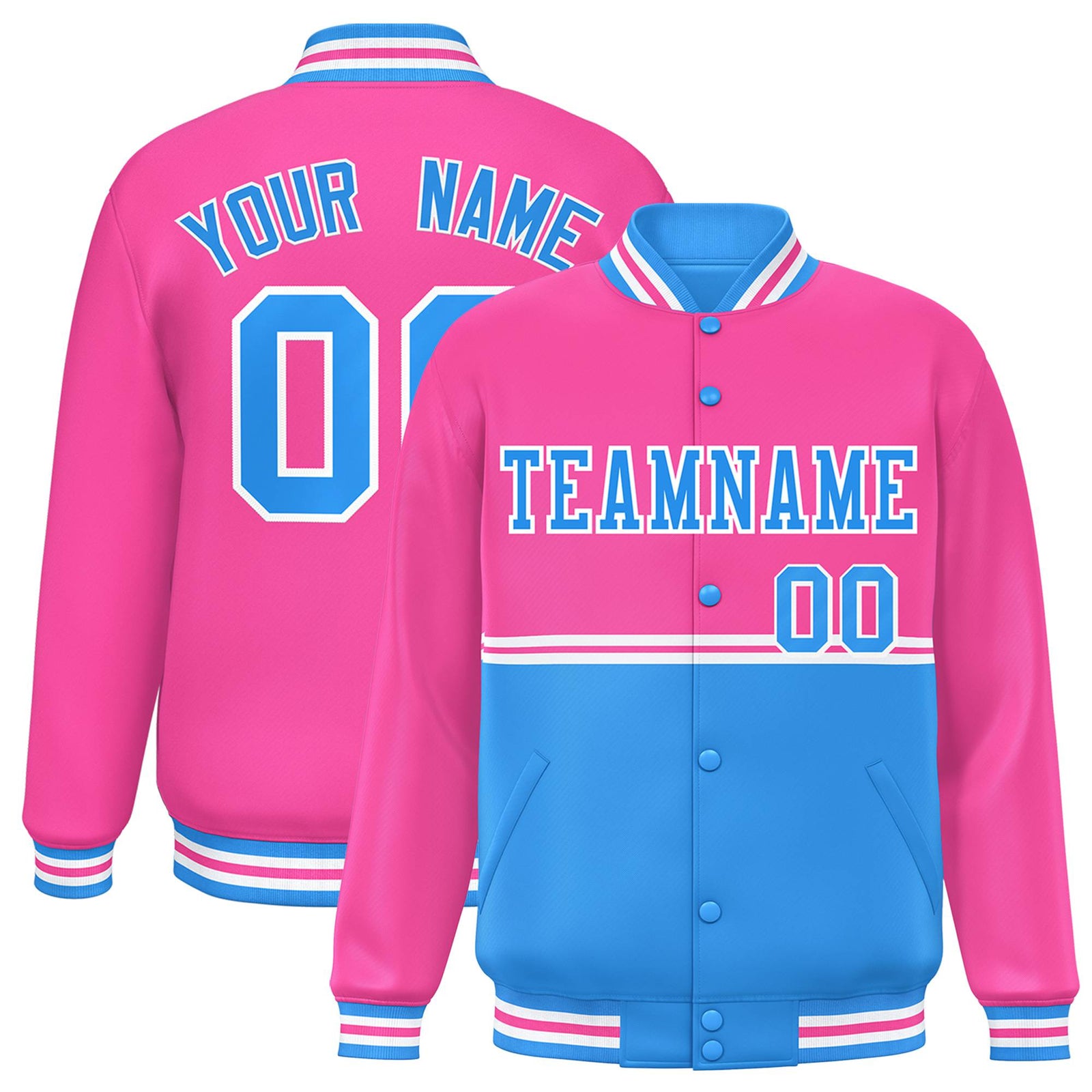 Custom Pink-Powder Blue-Pink Varsity Full-Snap Letterman Color-Matching Split Fashion Jacket
