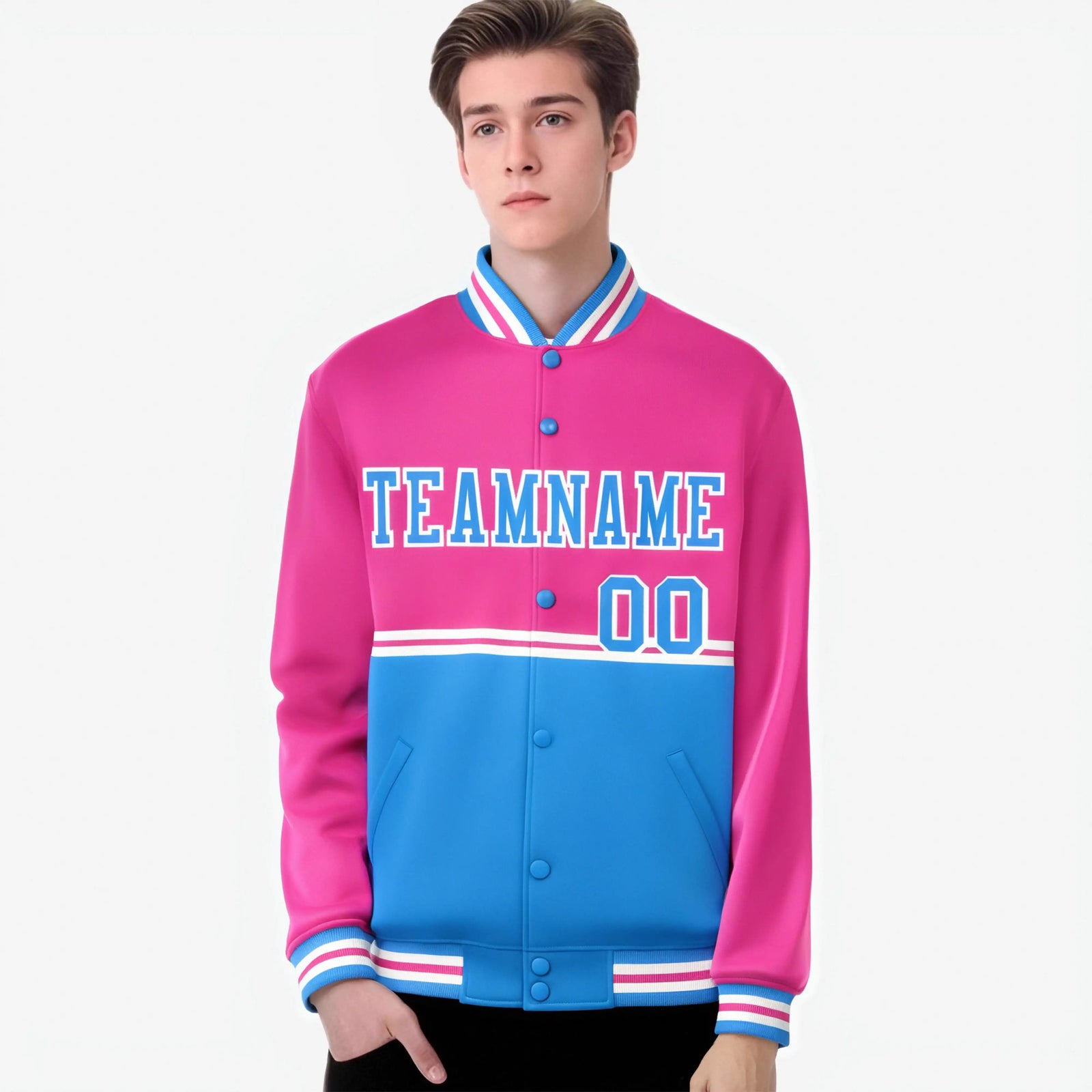 Custom Pink-Powder Blue-Pink Varsity Full-Snap Letterman Color-Matching Split Fashion Jacket